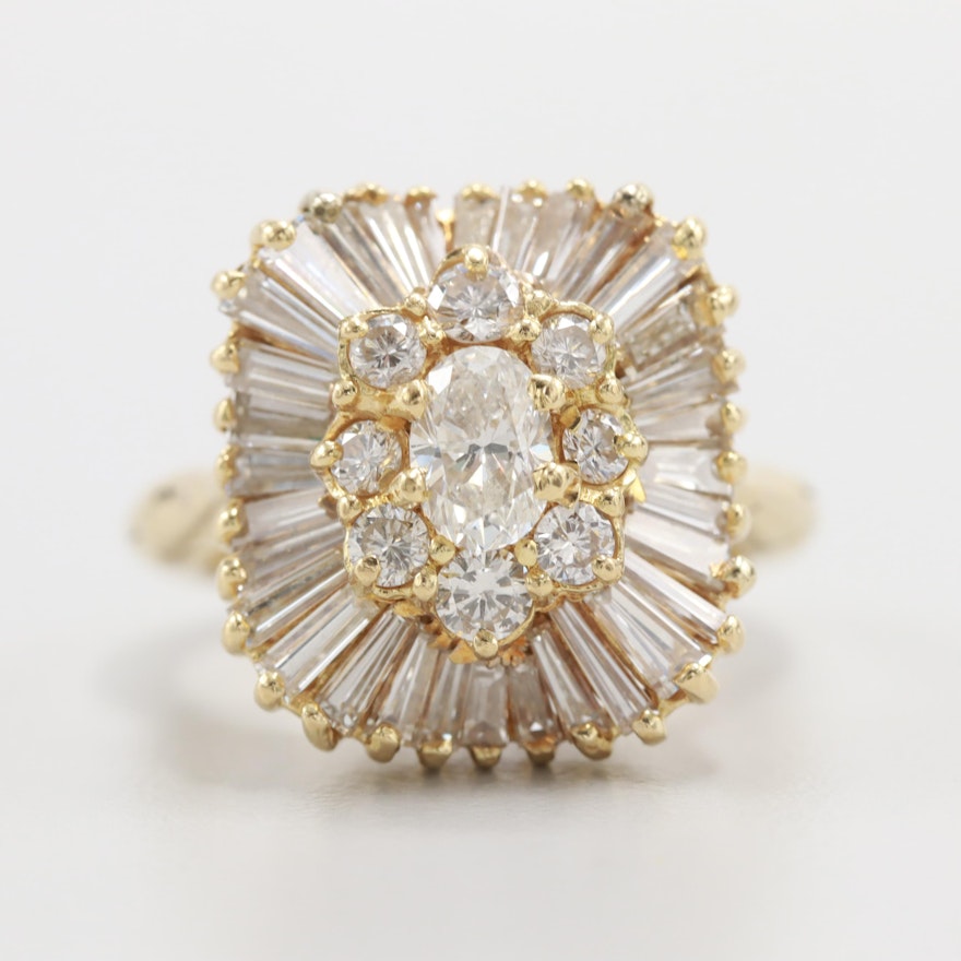 Circa 1950s 14K and 18K Yellow Gold 2.25 CTW Diamond Ballerina Ring