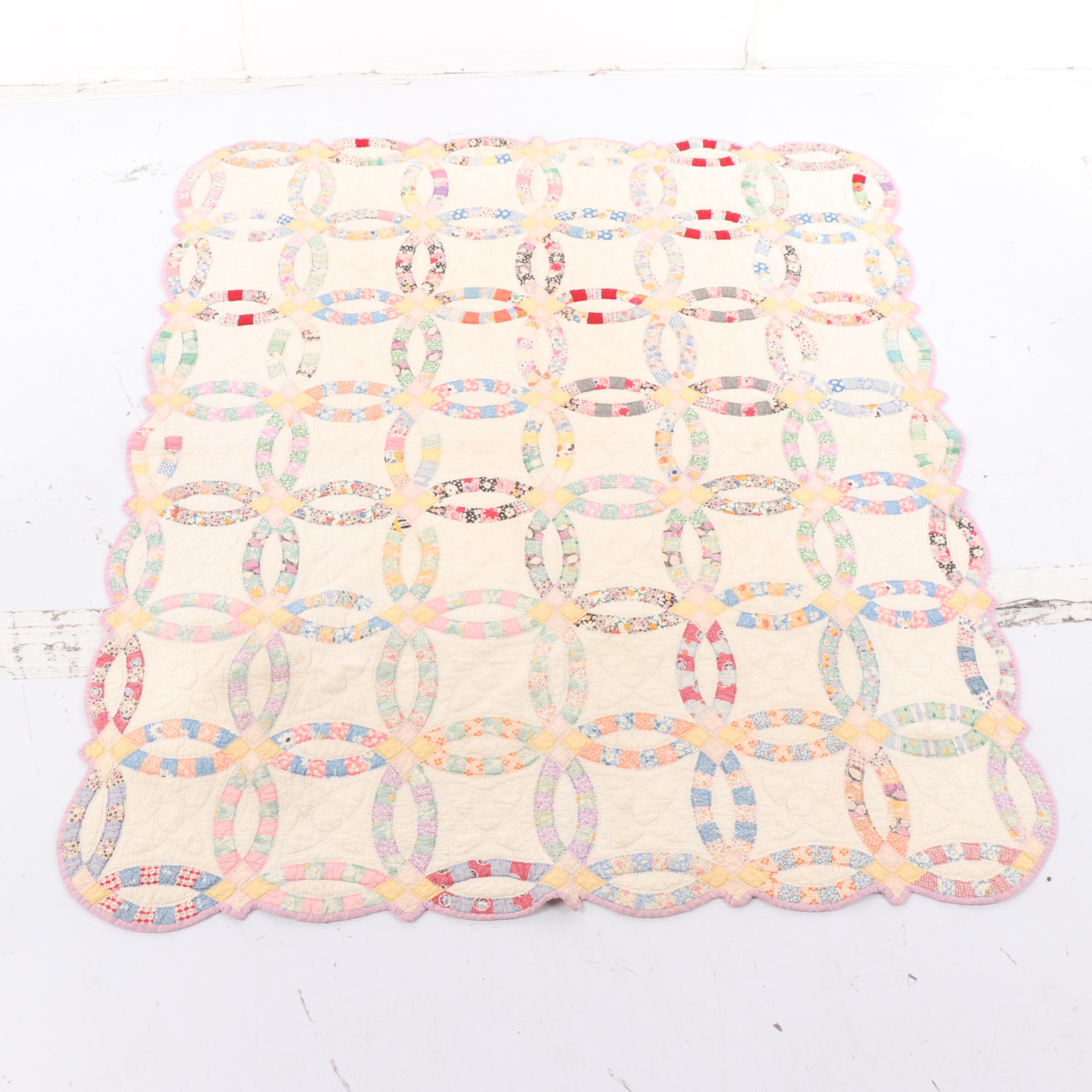 Handmade "Double Wedding Ring" Quilt, Circa 1940's