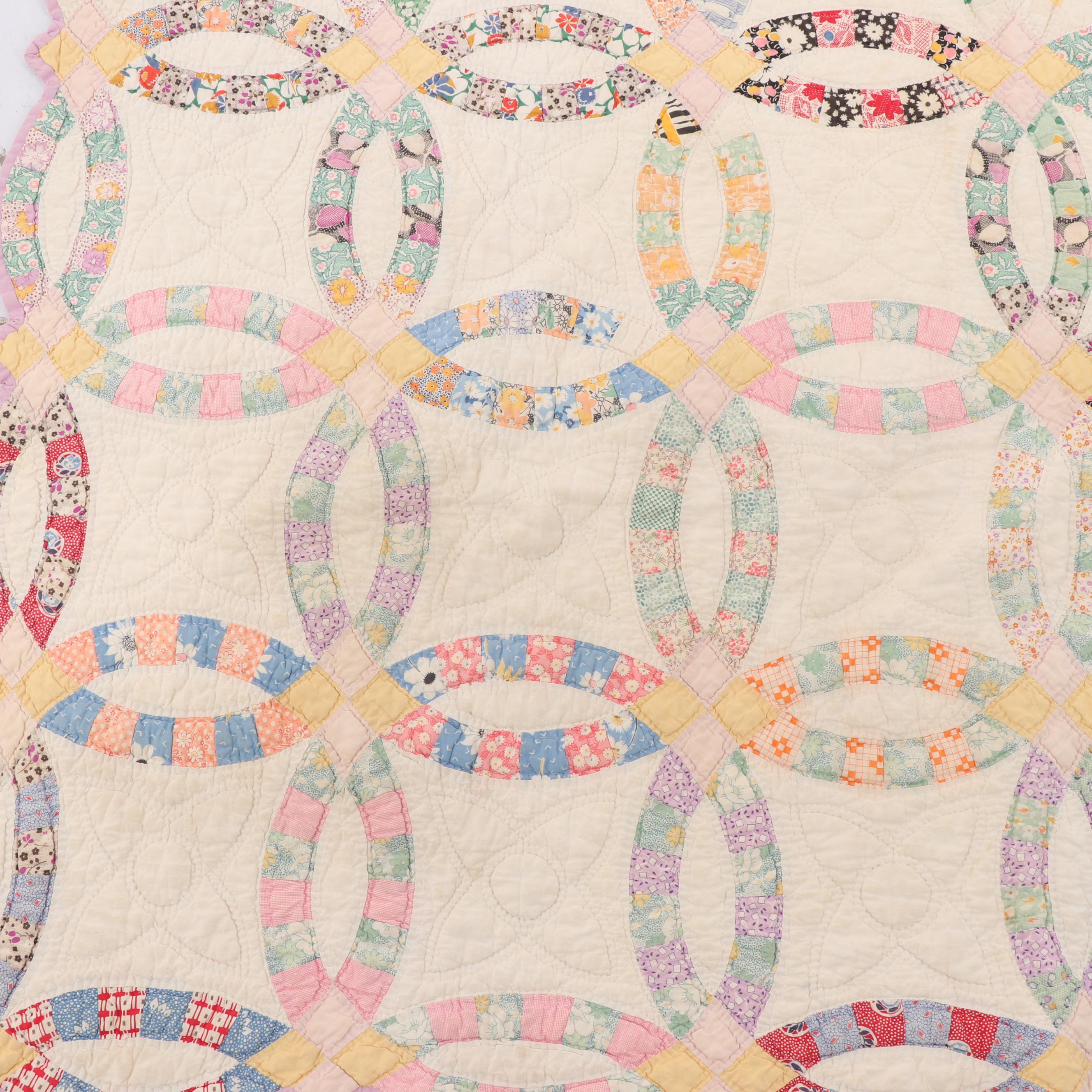 Handmade "Double Wedding Ring" Quilt, Circa 1940's