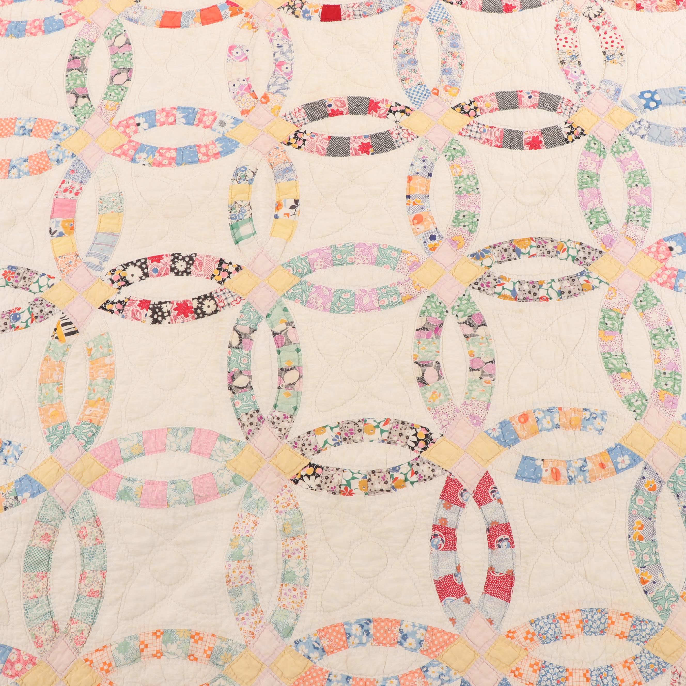 Handmade "Double Wedding Ring" Quilt, Circa 1940's