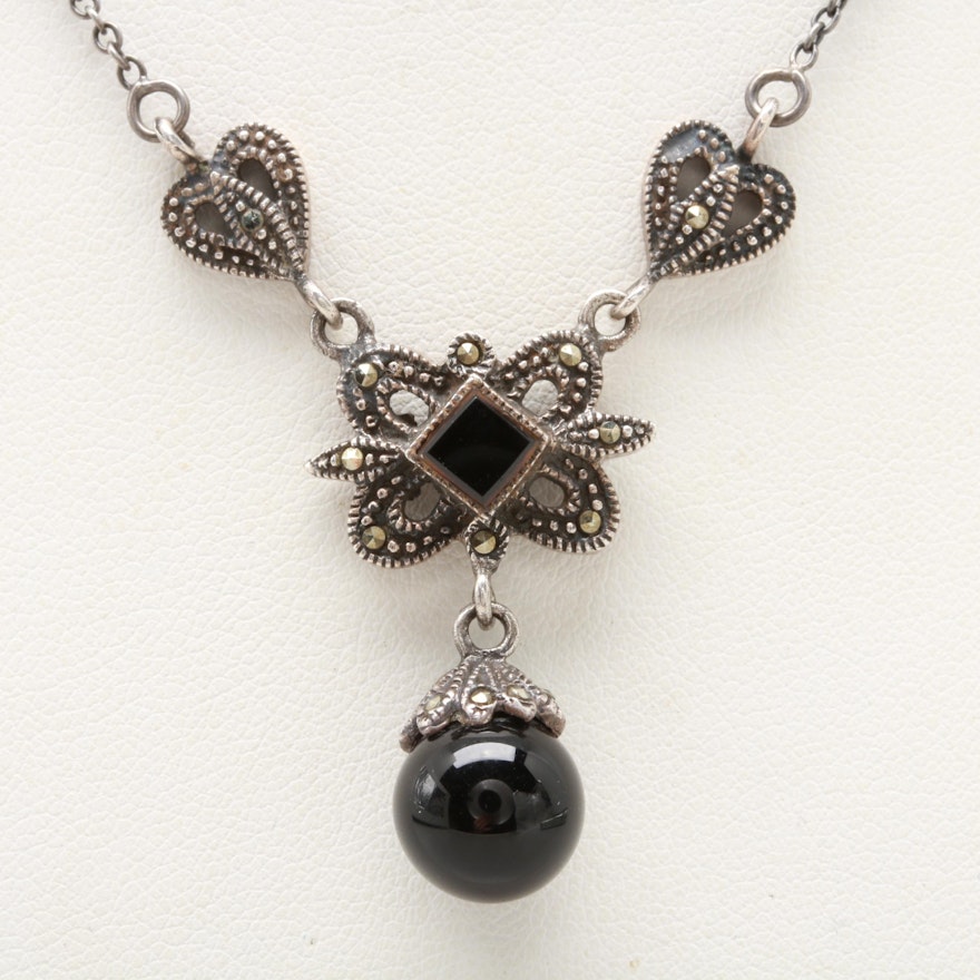 Sterling Silver Onyx and Marcasite Necklace