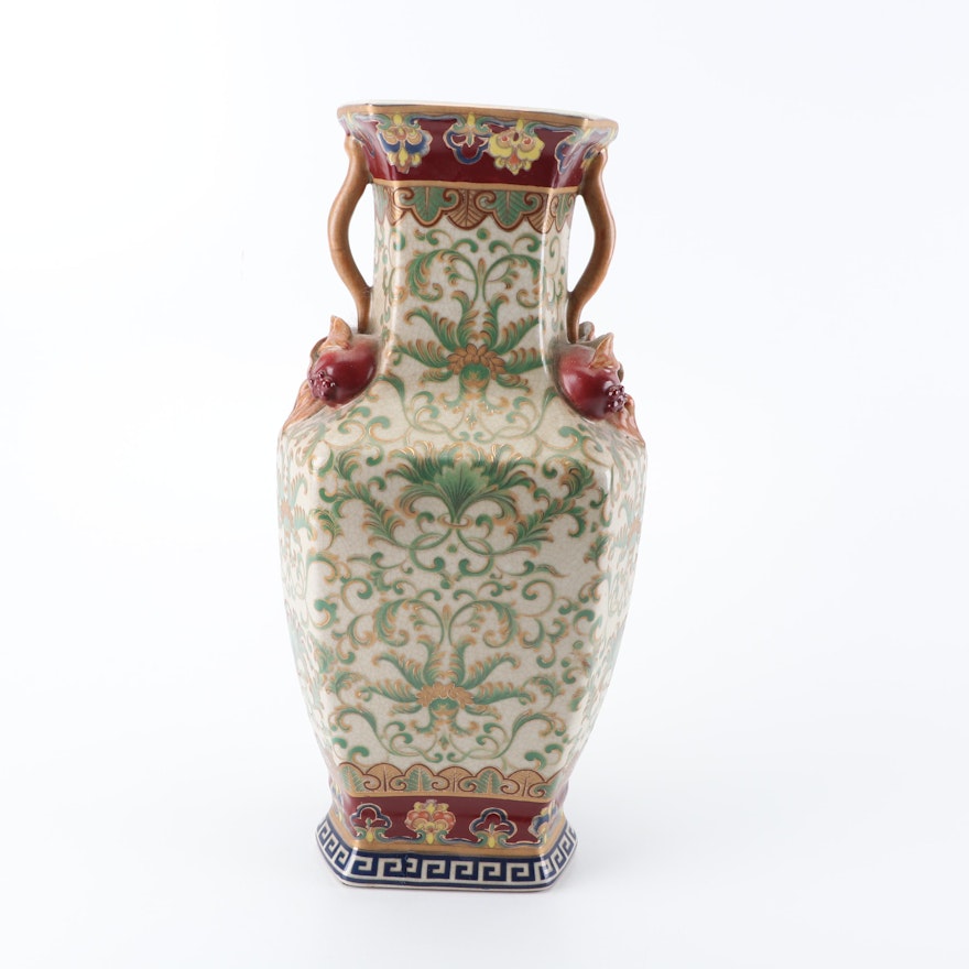 Chinese Hand-Painted Vase With Applied Pomegranate Handles