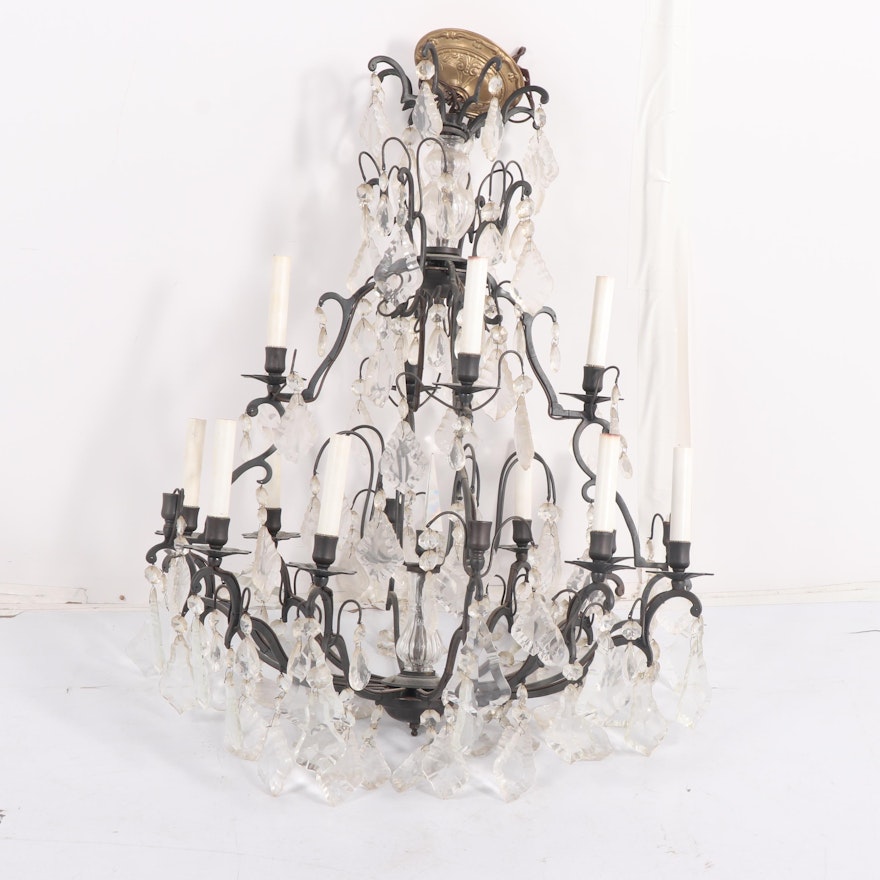 Wrought Iron and Glass Prism Ten-Candlelight Chandelier