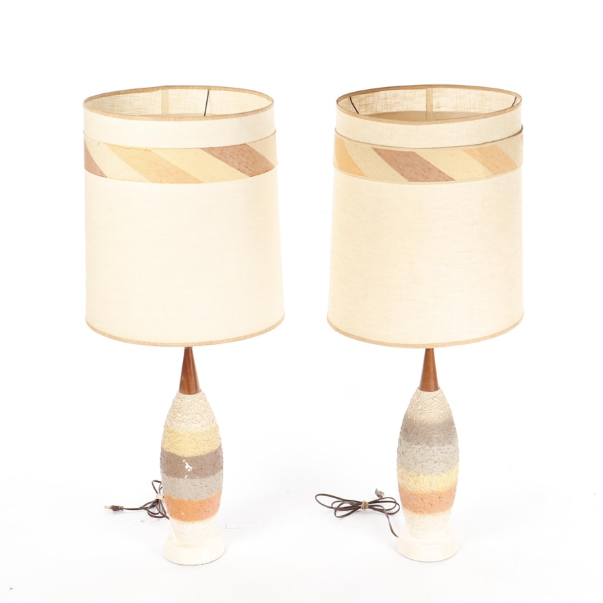 Plasto Mid Century Modern Table Lamps with Linen Barrel Shades