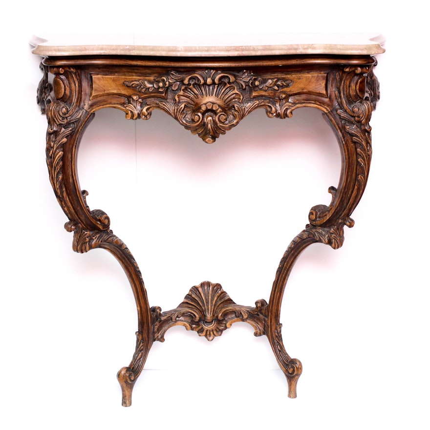 French Provincial Style Marble Top Demilune Hall Table