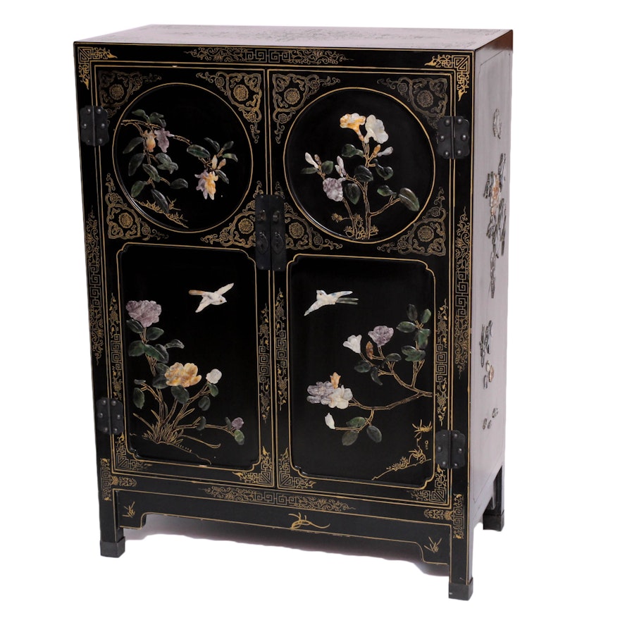 Chinese Lacquered Cabinet with Carved Stone Accents by Jinlong