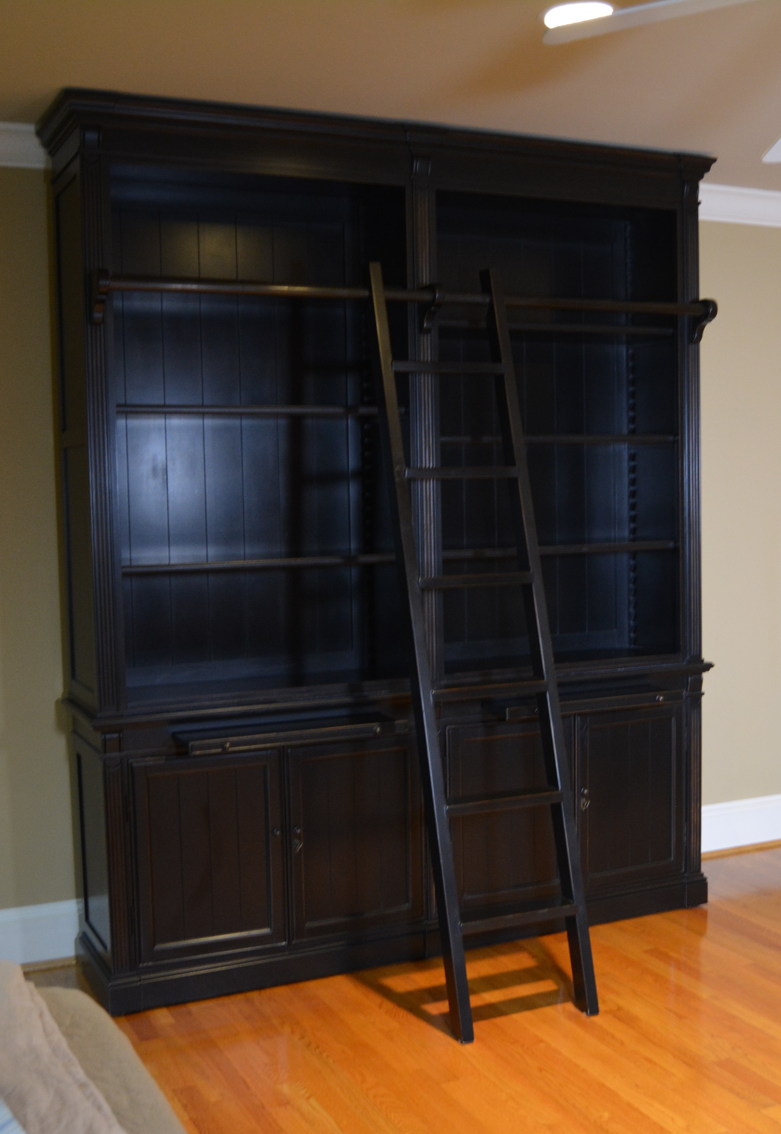 Contemporary Black Double Bookcase with Ladder by London