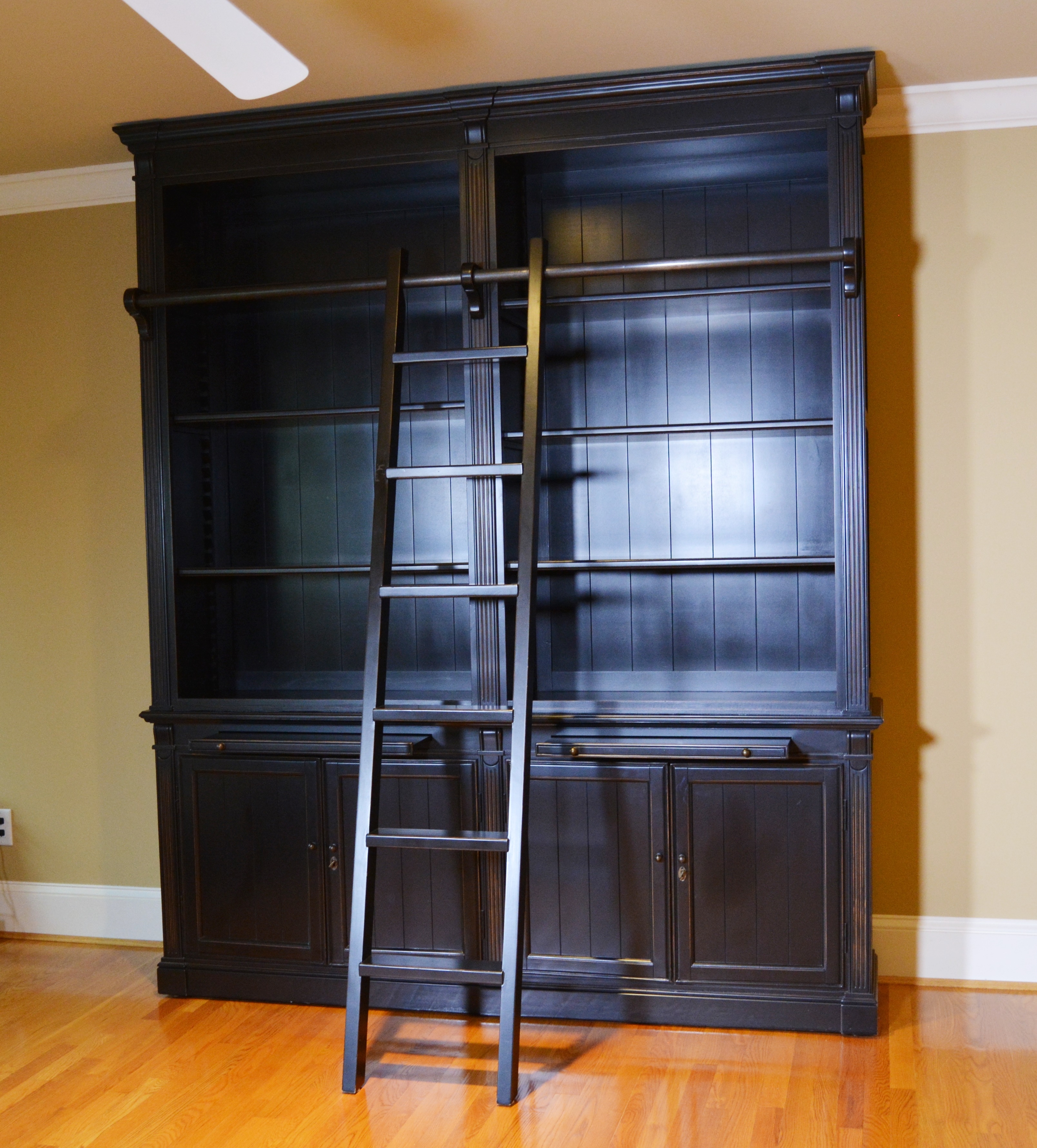 Contemporary Black Double Bookcase with Ladder by London