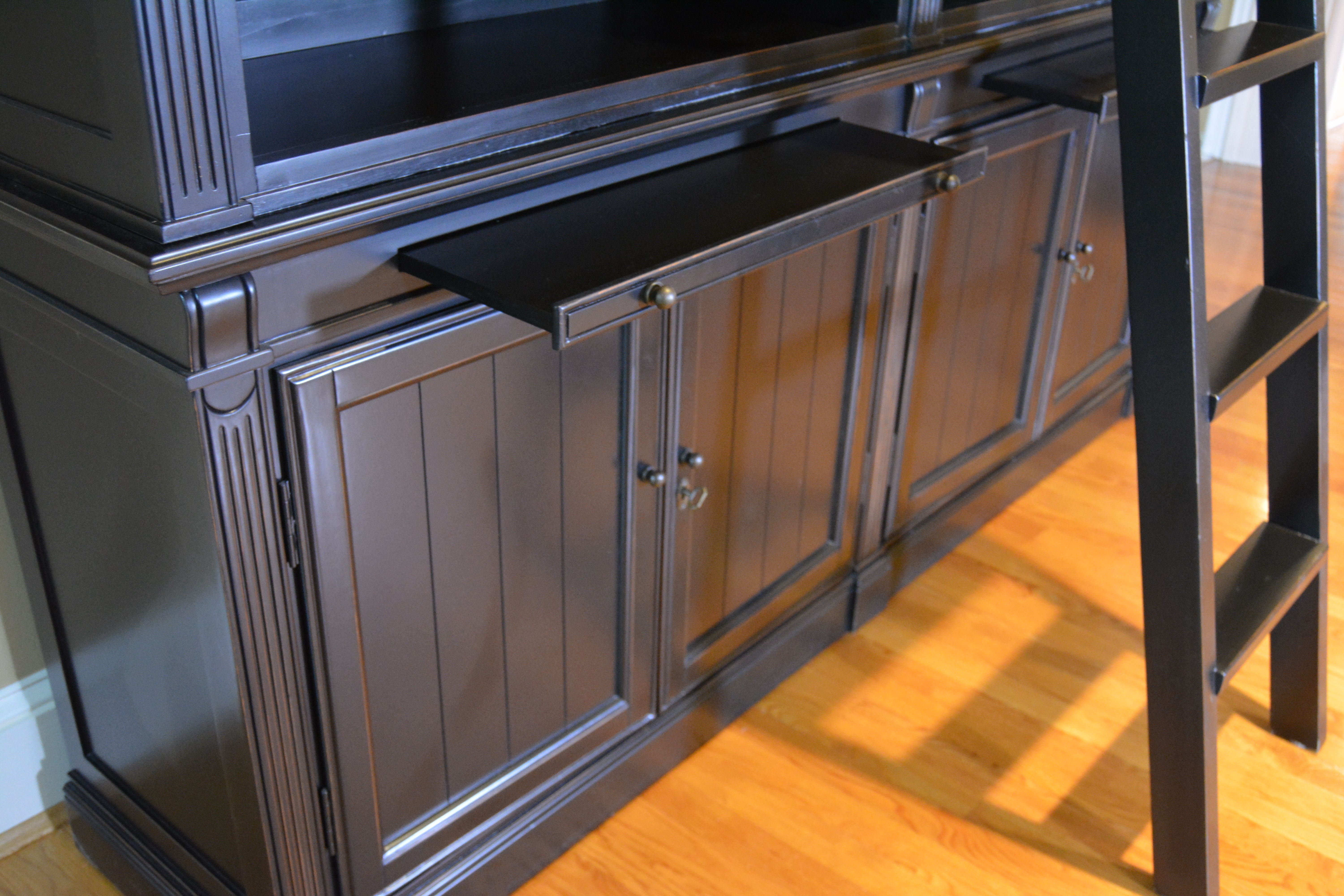 Contemporary Black Double Bookcase with Ladder by London