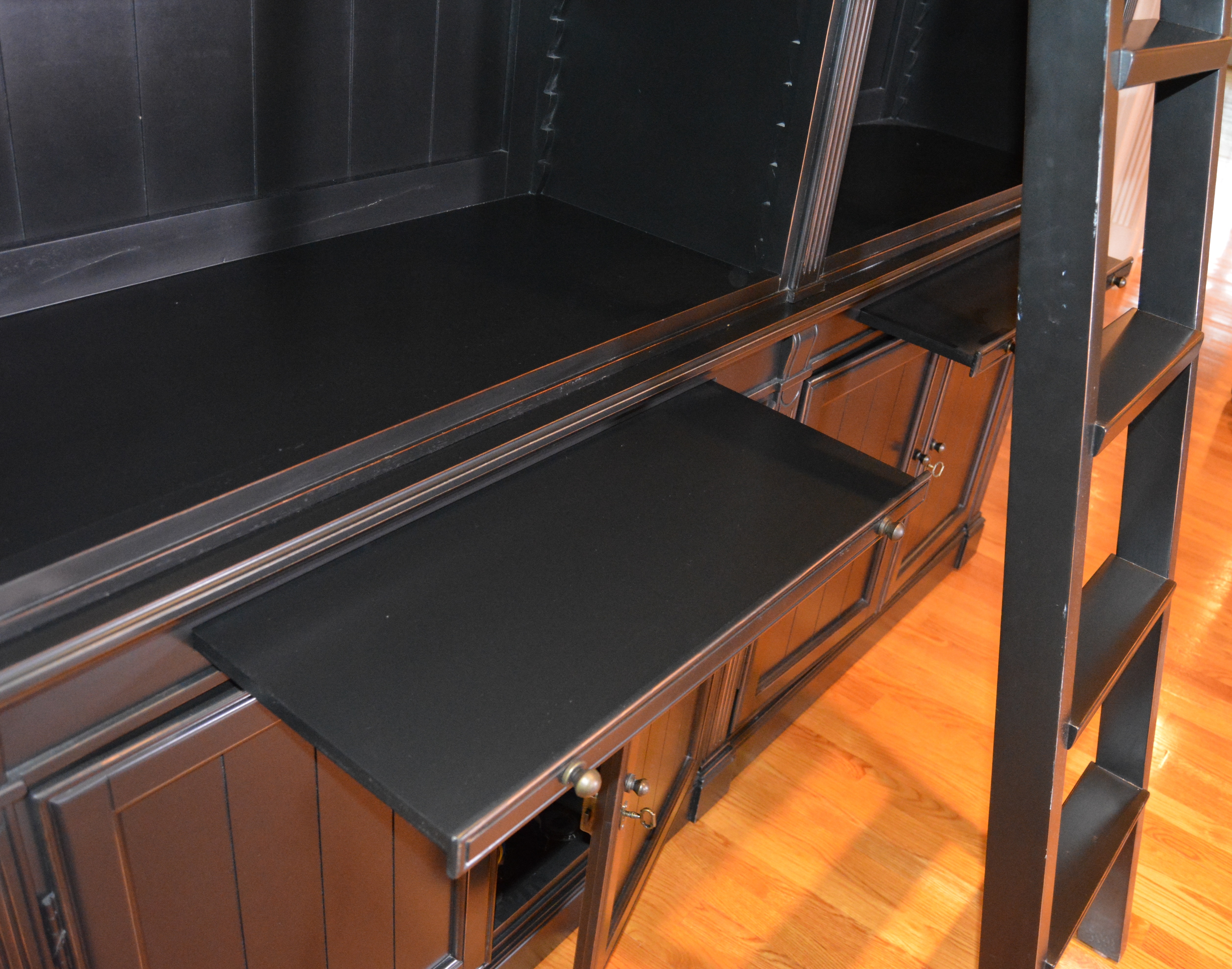 Contemporary Black Double Bookcase with Ladder by London