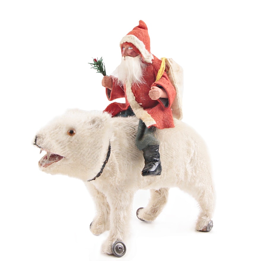 Antique German Belsnickle Riding A Mohair Polar Bear