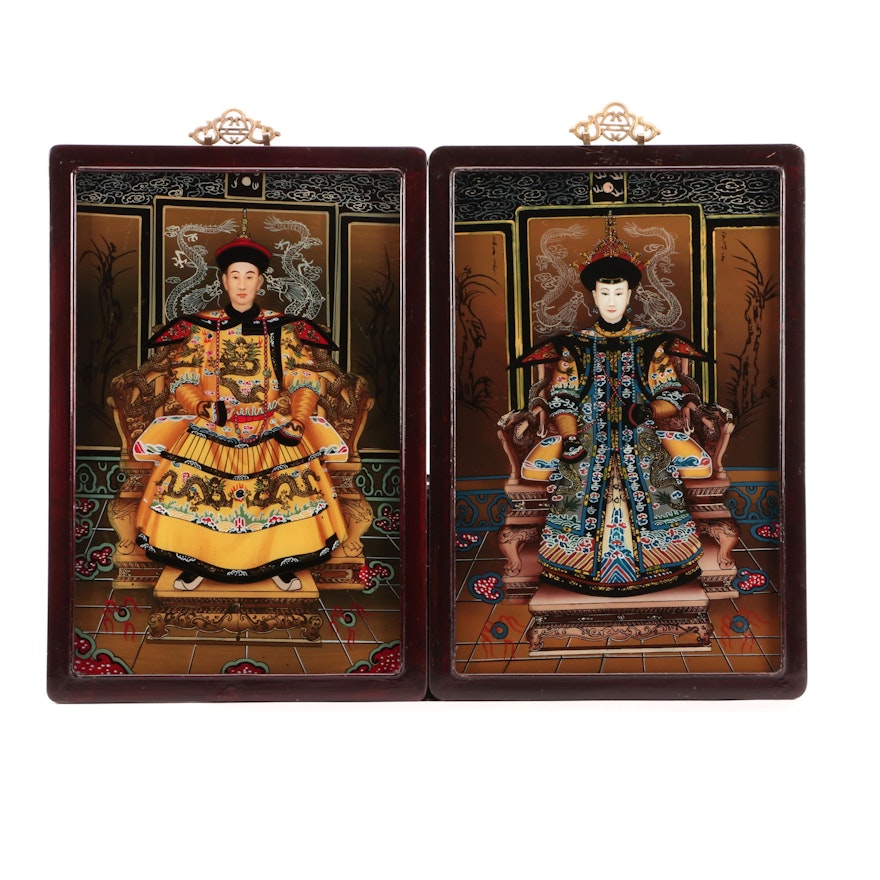 Reverse-Glass Chinese Emperor and Empress Portrait Paintings