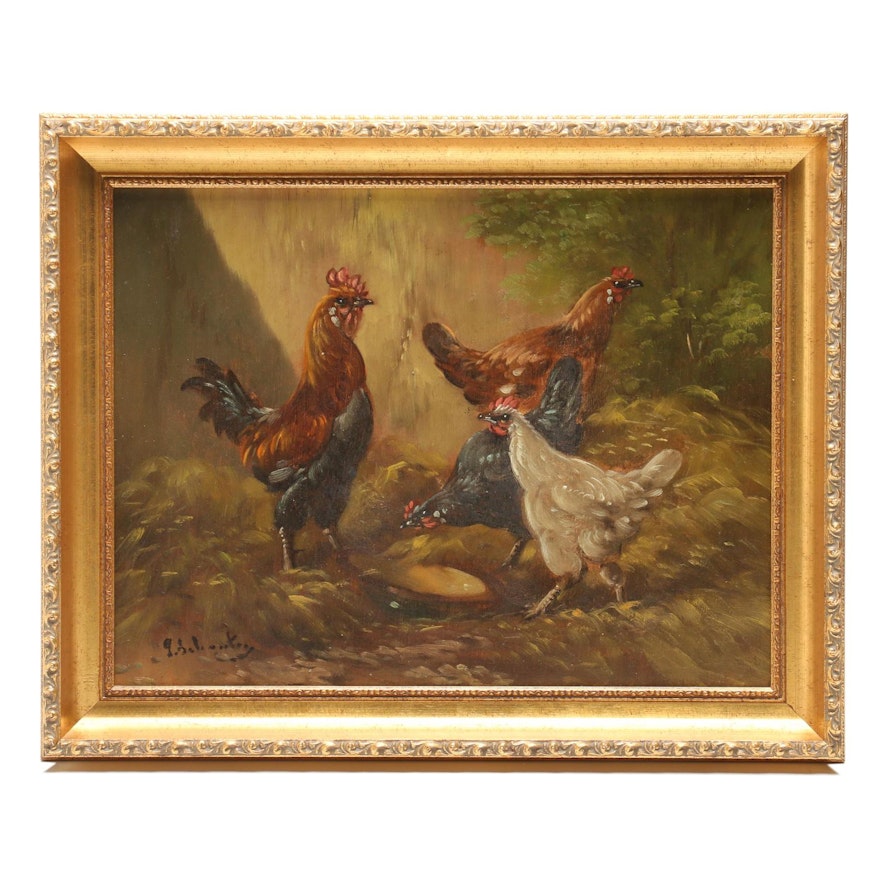 Late 19th-Century Barnyard Genre Oil Painting