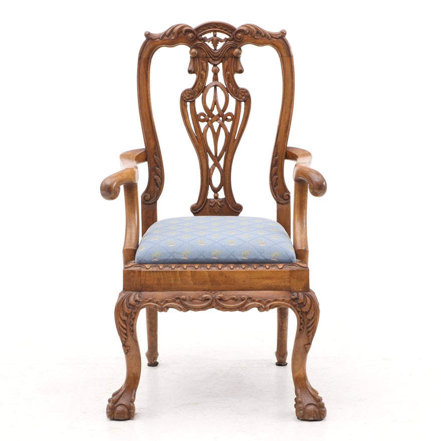 Carved Rococo Style Arm Chair in Walnut