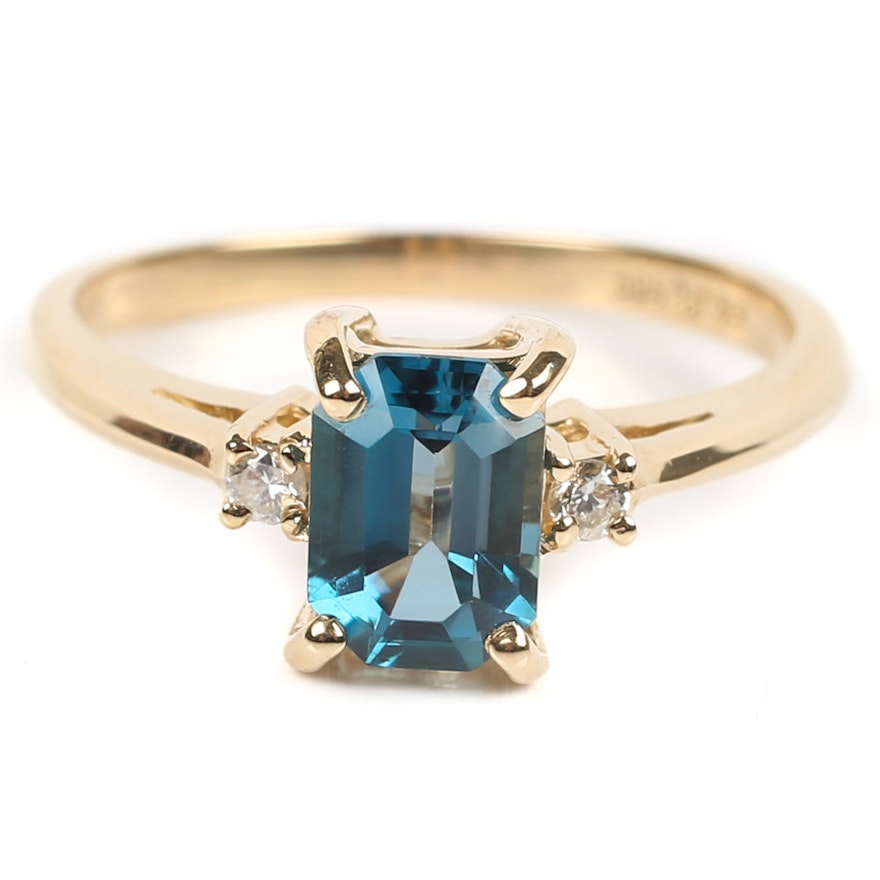 14K Yellow Gold 1.28 CT Blue Topaz and Diamond Ring