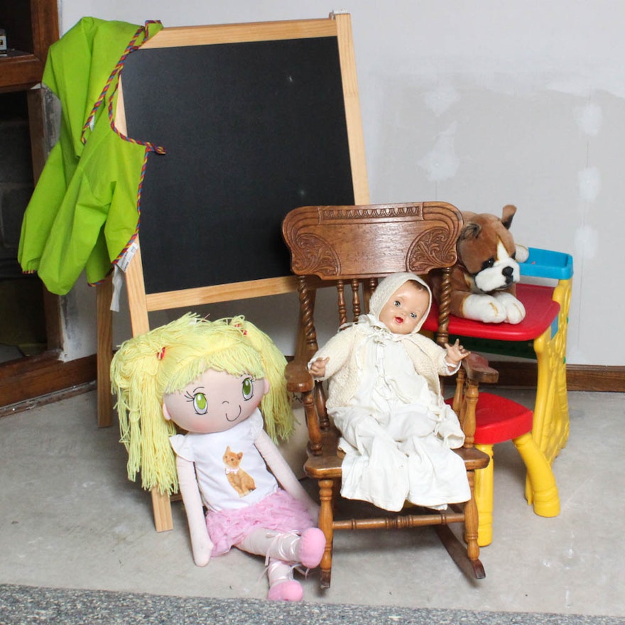 Children's Wooden Rocking Chair, Easel, Play Desk, Stuffed Animal and Dolls