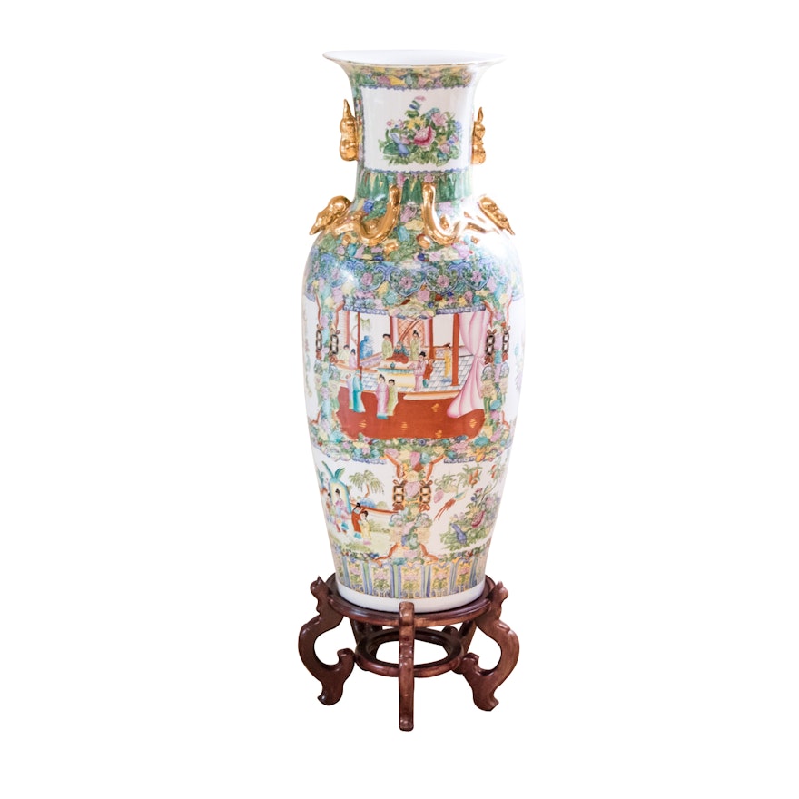 Large Chinese "Rose Medallion" Porcelain Vase with Wooden Stand