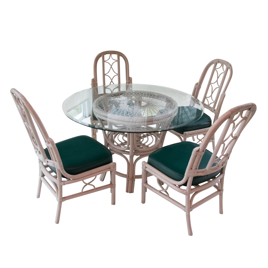 Four Rattan Chairs and Glass Top Table, 20th Century