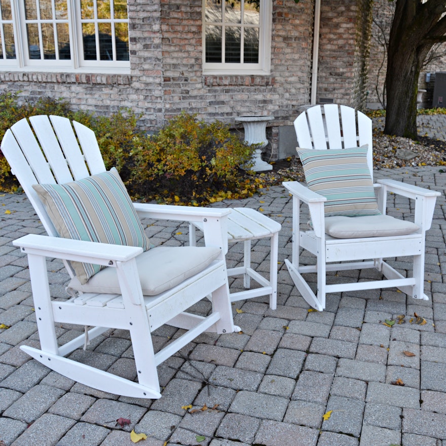 White Patio Adirondack Rocking Chairs and Table by Polywood