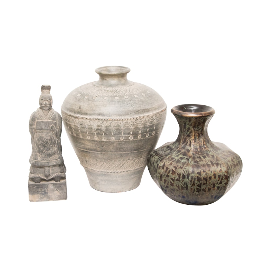 Contemporary Qin Shihuang Statue with Decorative Vases