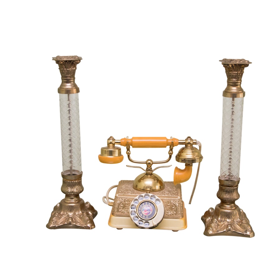 French Style Rotary Dial Phone with Pressed Glass and Metal Candlesticks