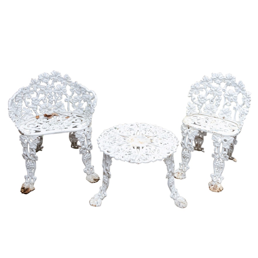 White Finish Grape Cluster and Vine Motif Cast Iron Garden Table and Chairs