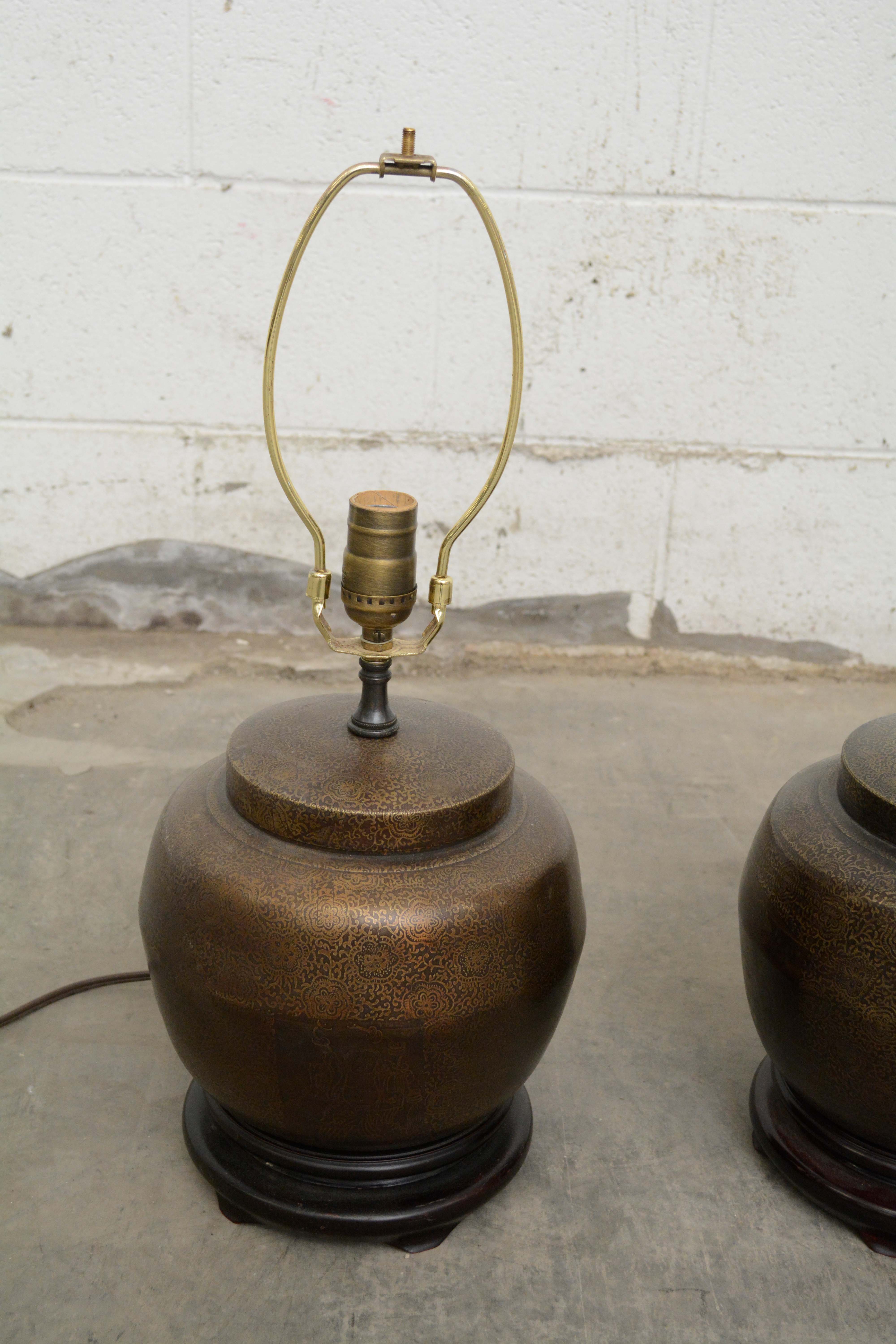 Chinese Metal Ginger Jar Lamps featuring Buddha, Flower Medallion and Arabesque