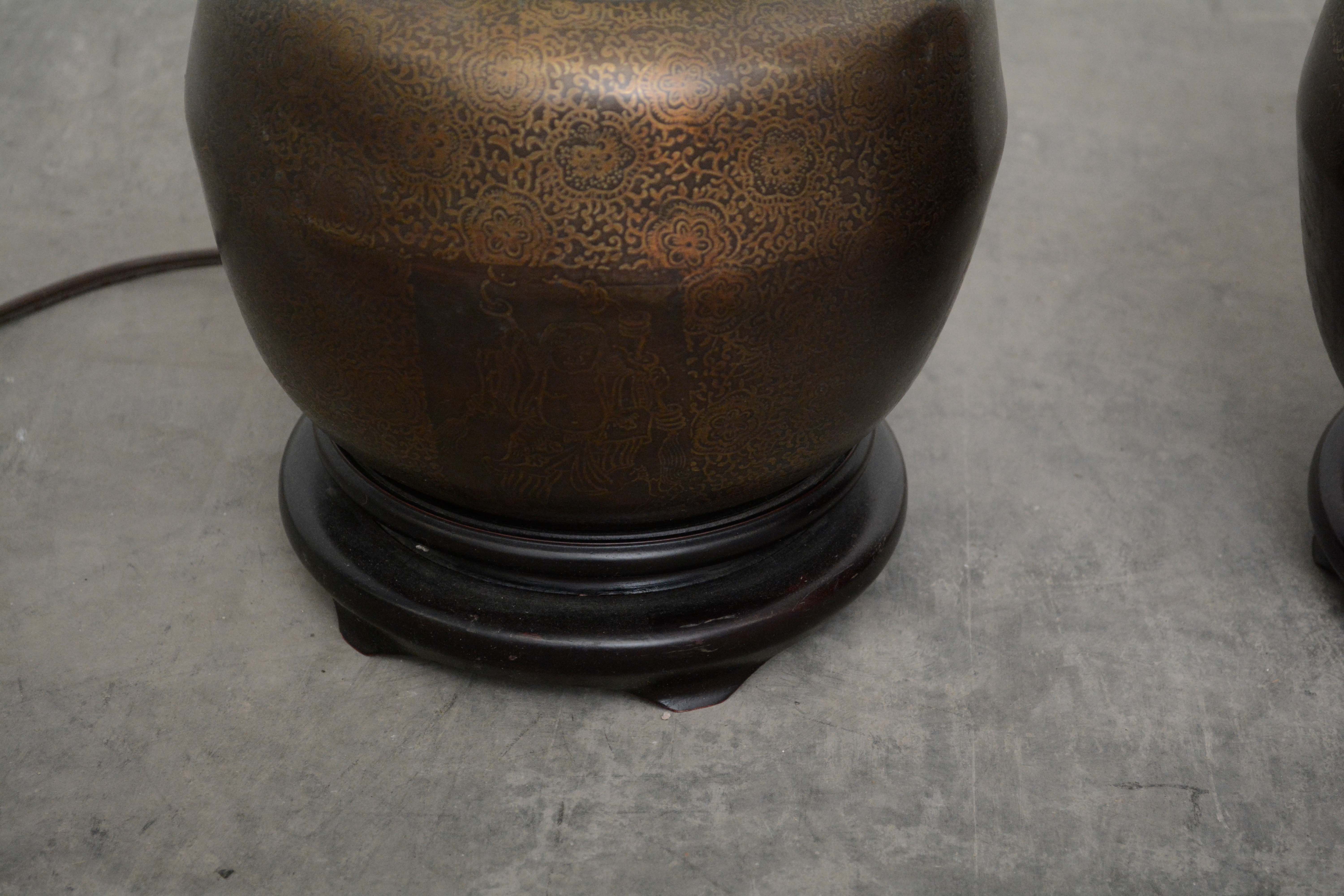 Chinese Metal Ginger Jar Lamps featuring Buddha, Flower Medallion and Arabesque