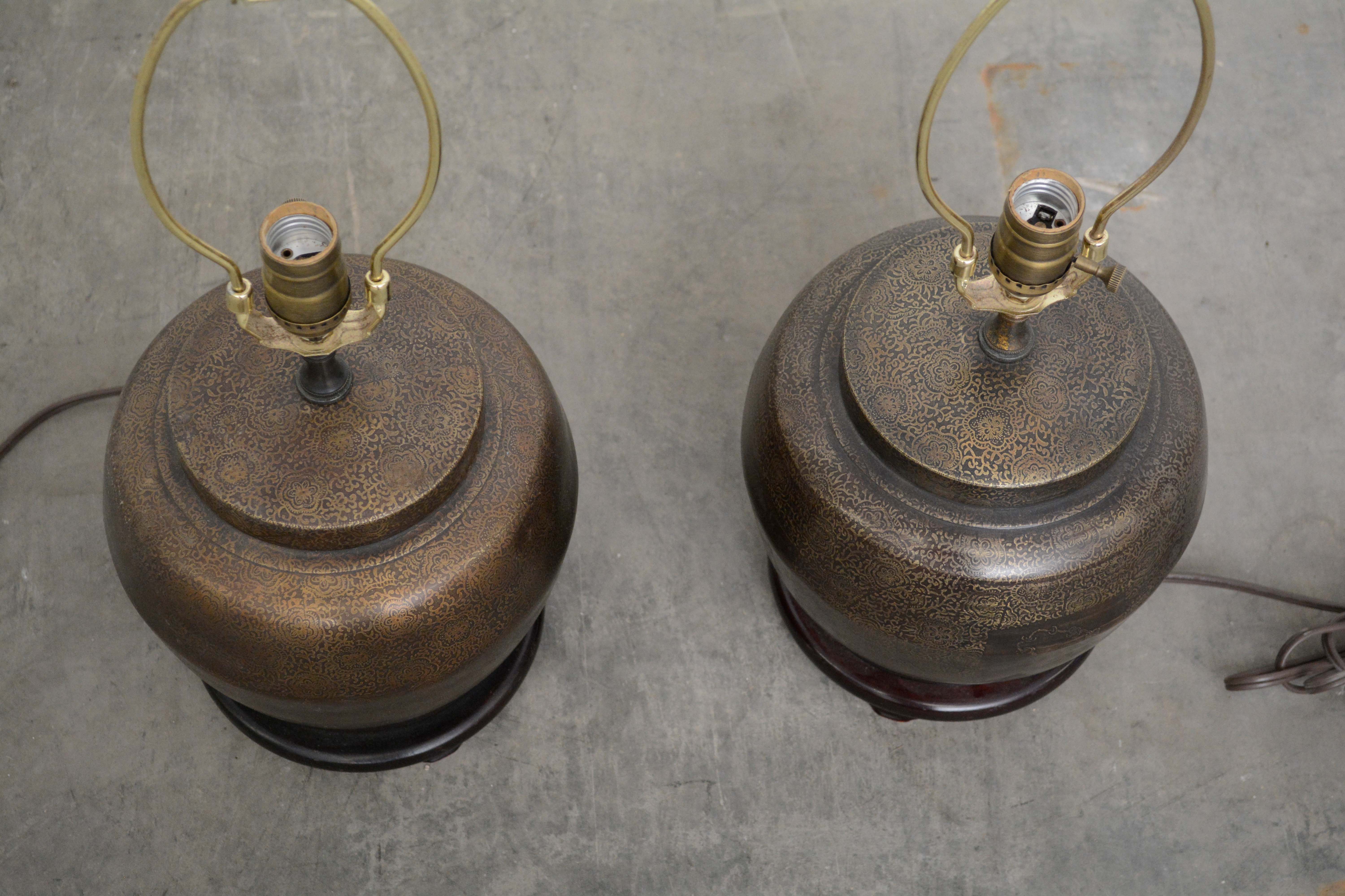 Chinese Metal Ginger Jar Lamps featuring Buddha, Flower Medallion and Arabesque