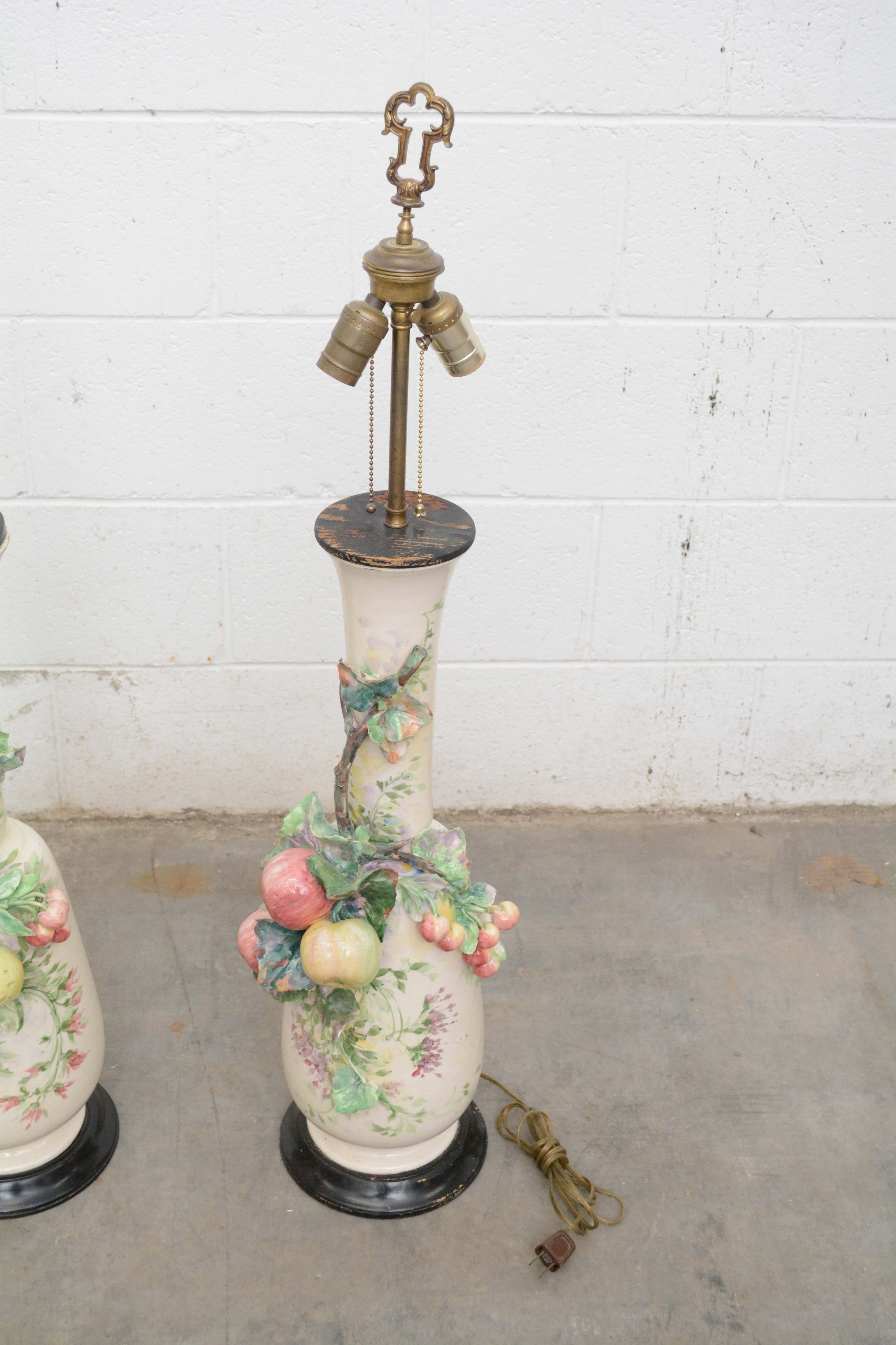 Early 20th Century Hand-Painted Floral Porcelain Table Lamps with Applied Fruit