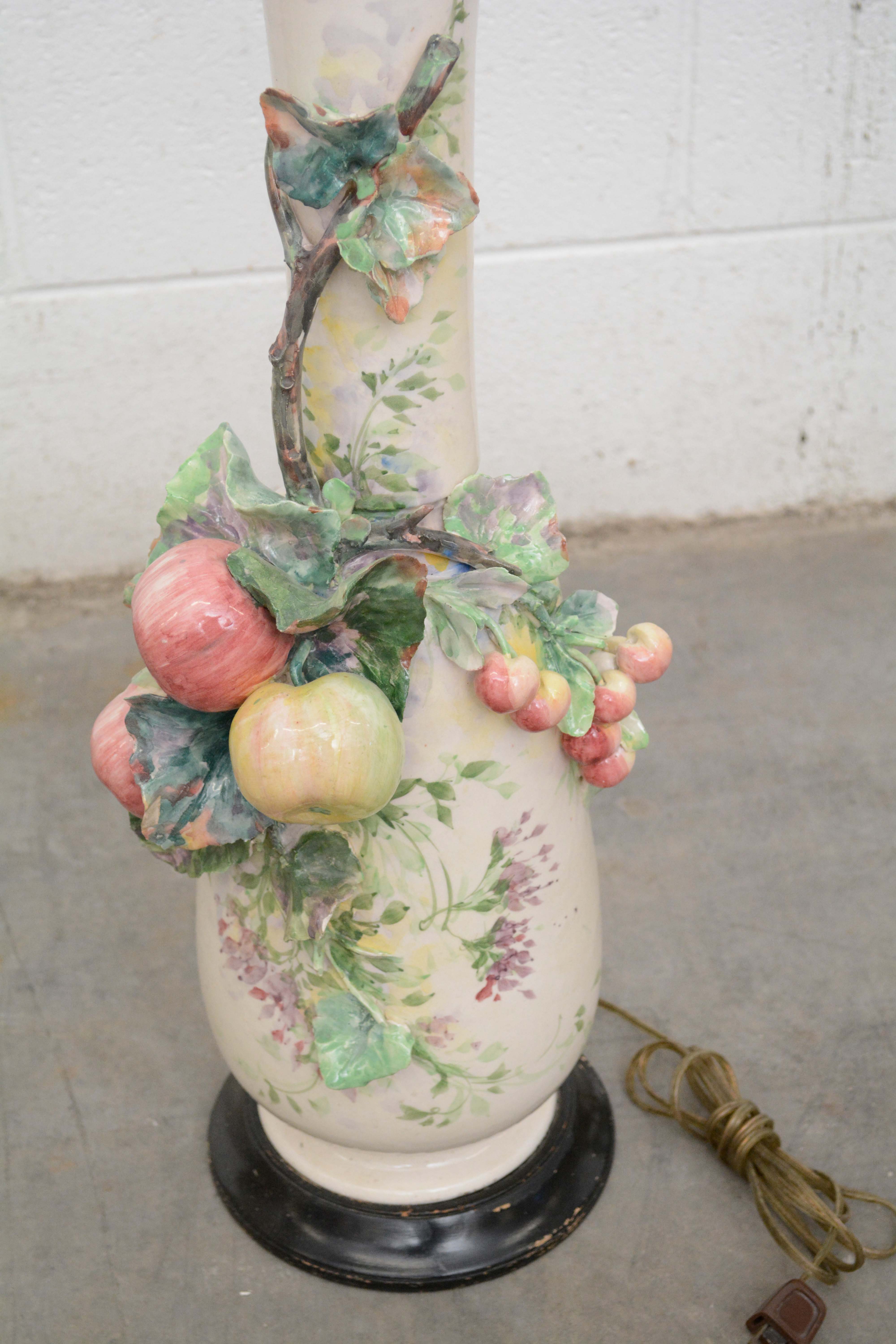 Early 20th Century Hand-Painted Floral Porcelain Table Lamps with Applied Fruit