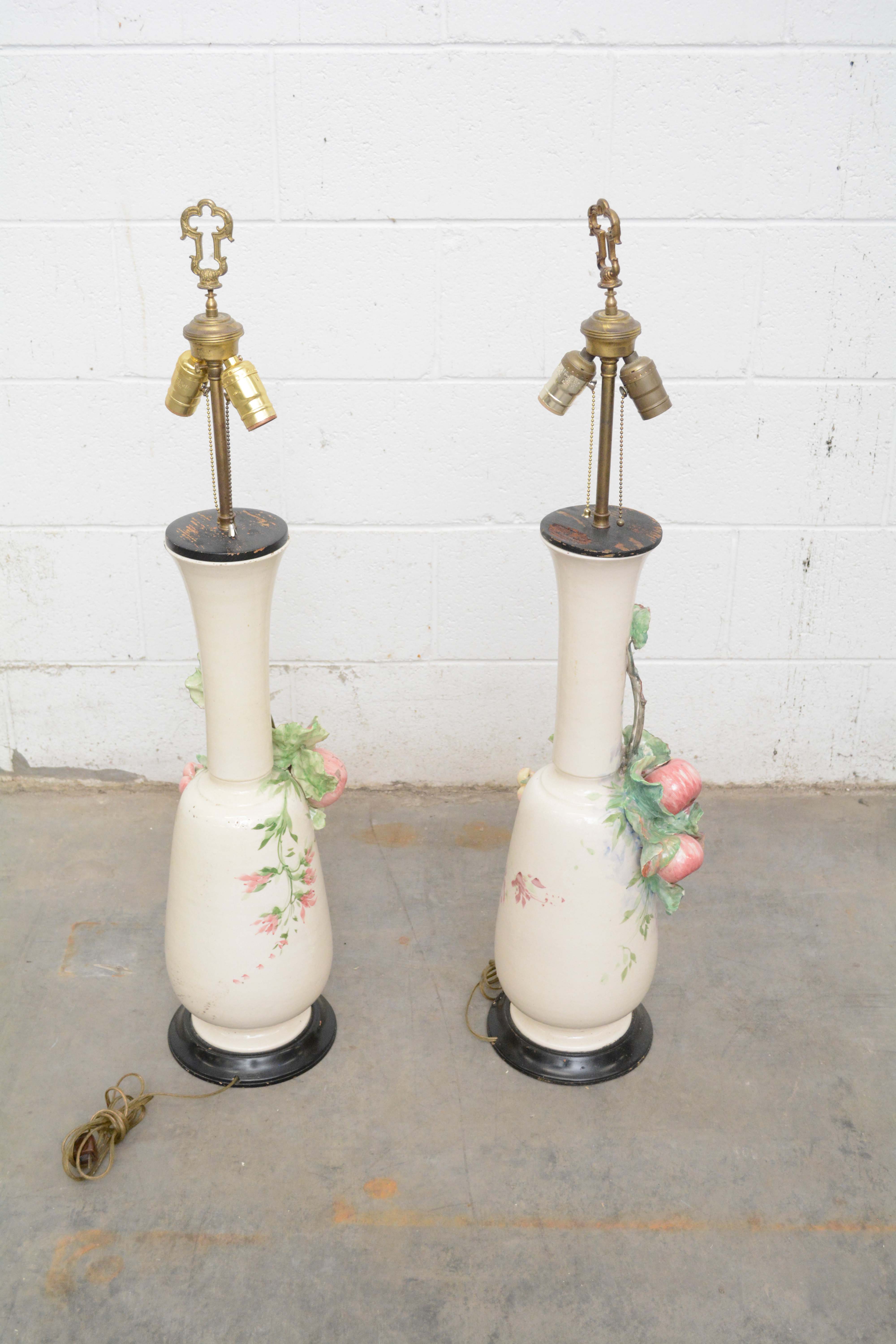 Early 20th Century Hand-Painted Floral Porcelain Table Lamps with Applied Fruit