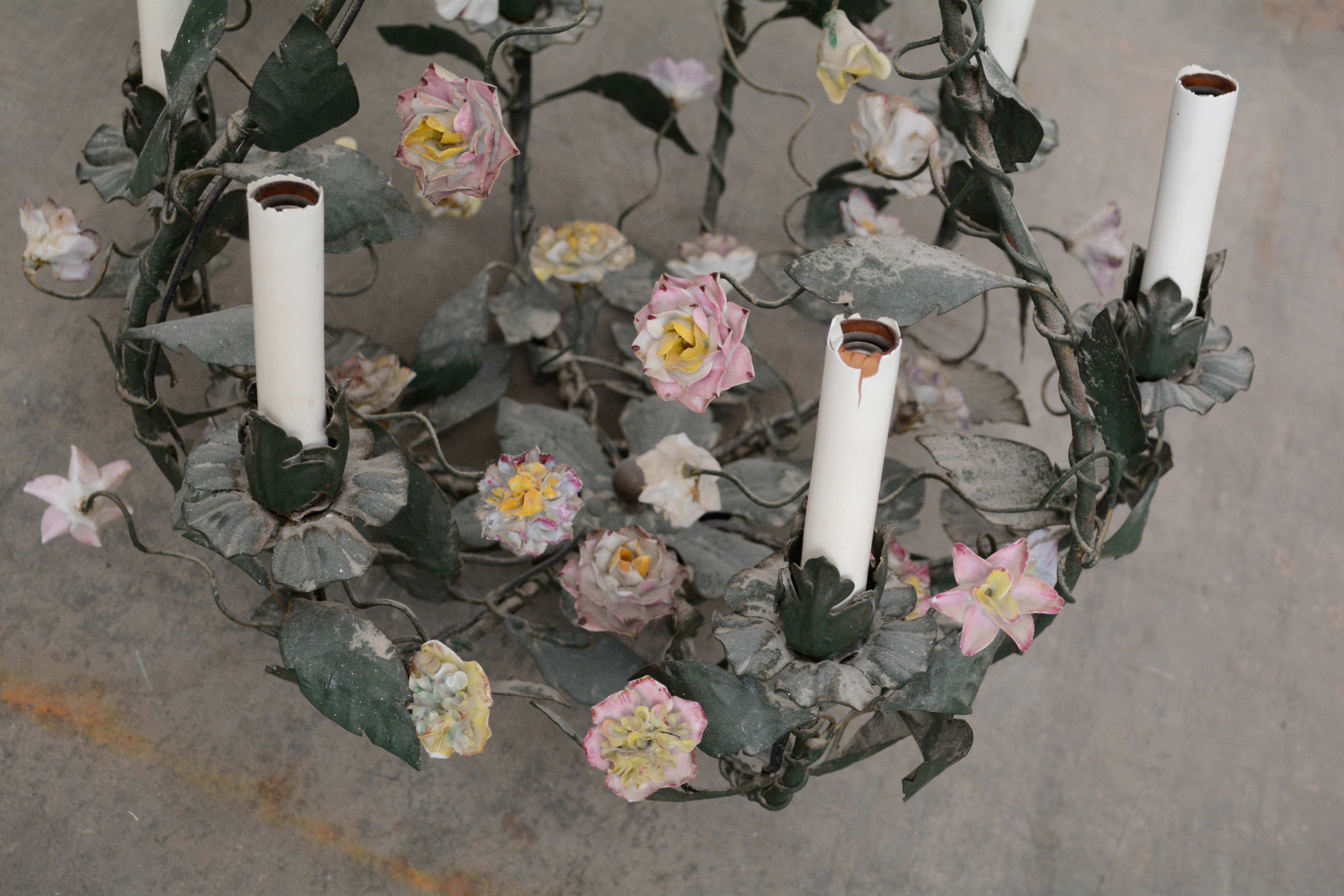 Polychrome Cast Metal Garden Rose Six Arm Chandelier