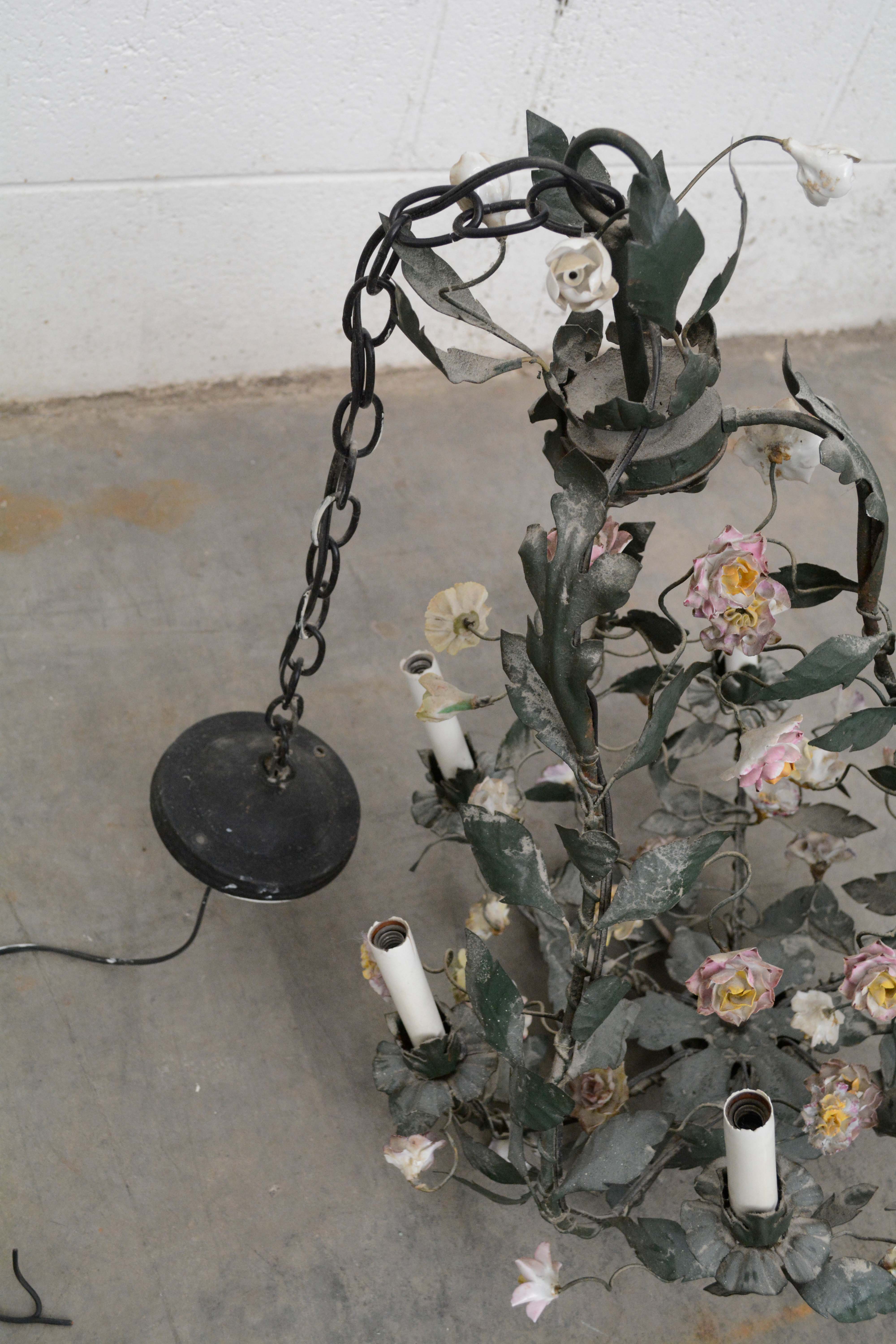 Polychrome Cast Metal Garden Rose Six Arm Chandelier