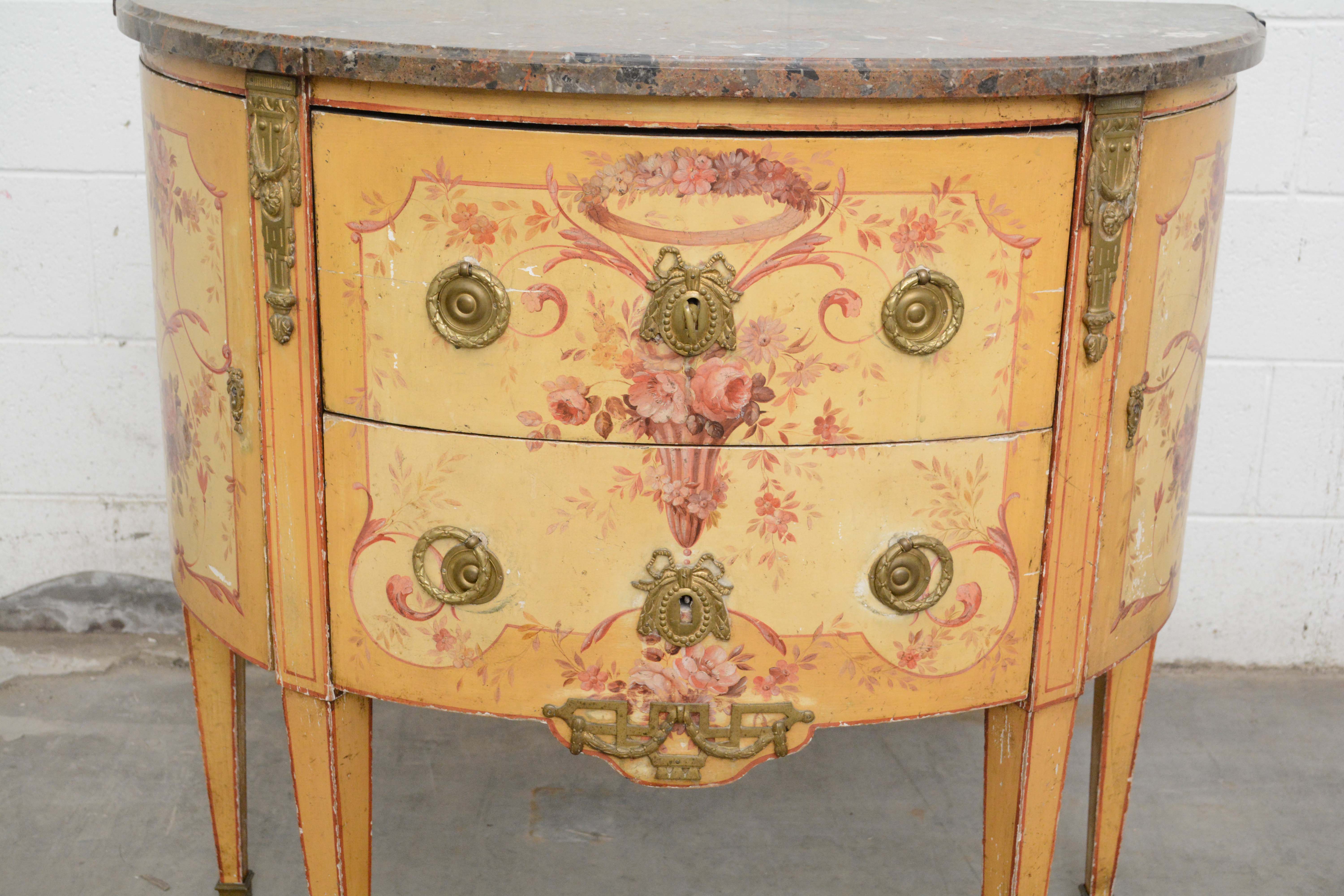 Louis XVI Style Painted Oak and Marble Top Demilune Commode, 20th Century