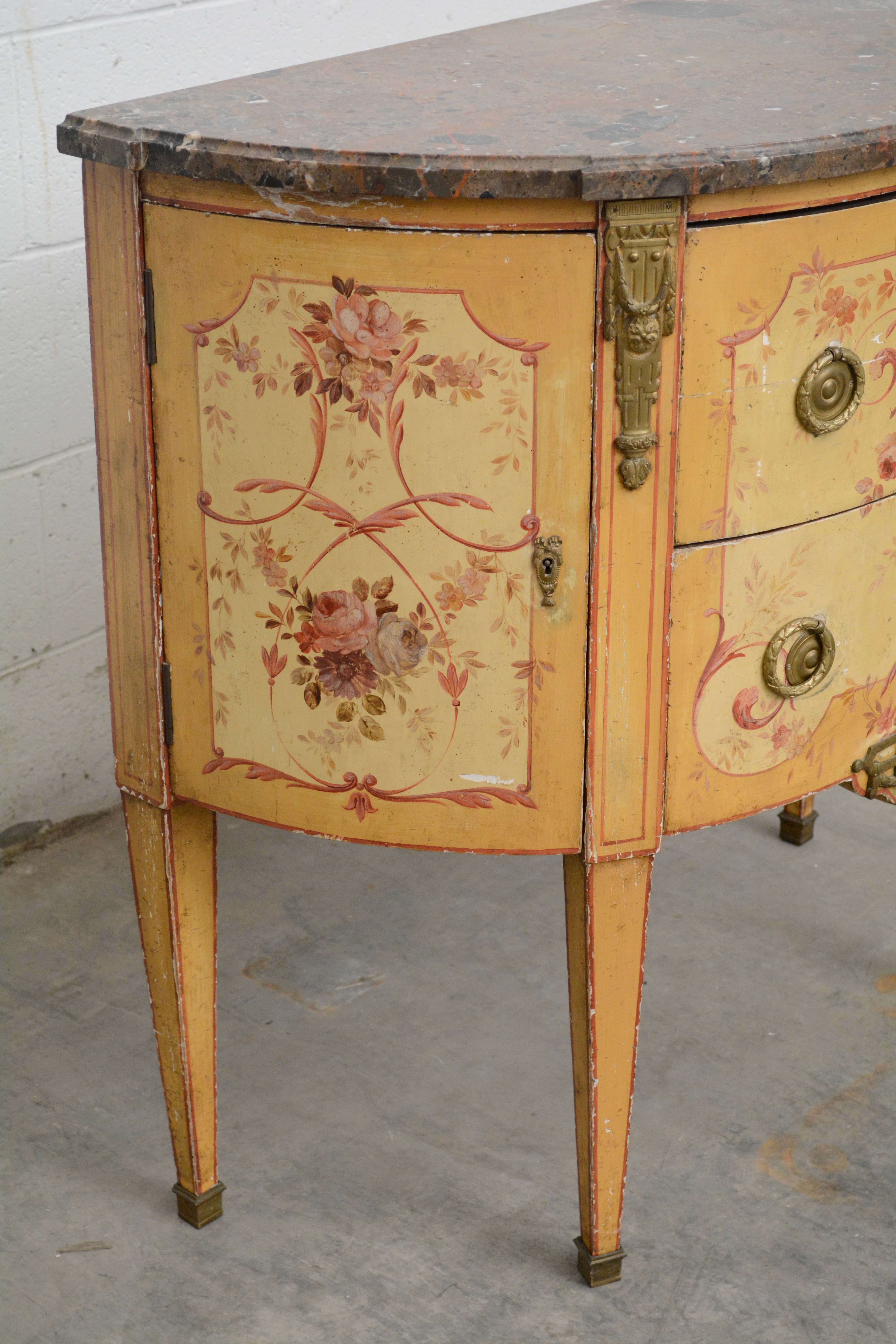 Louis XVI Style Painted Oak and Marble Top Demilune Commode, 20th Century