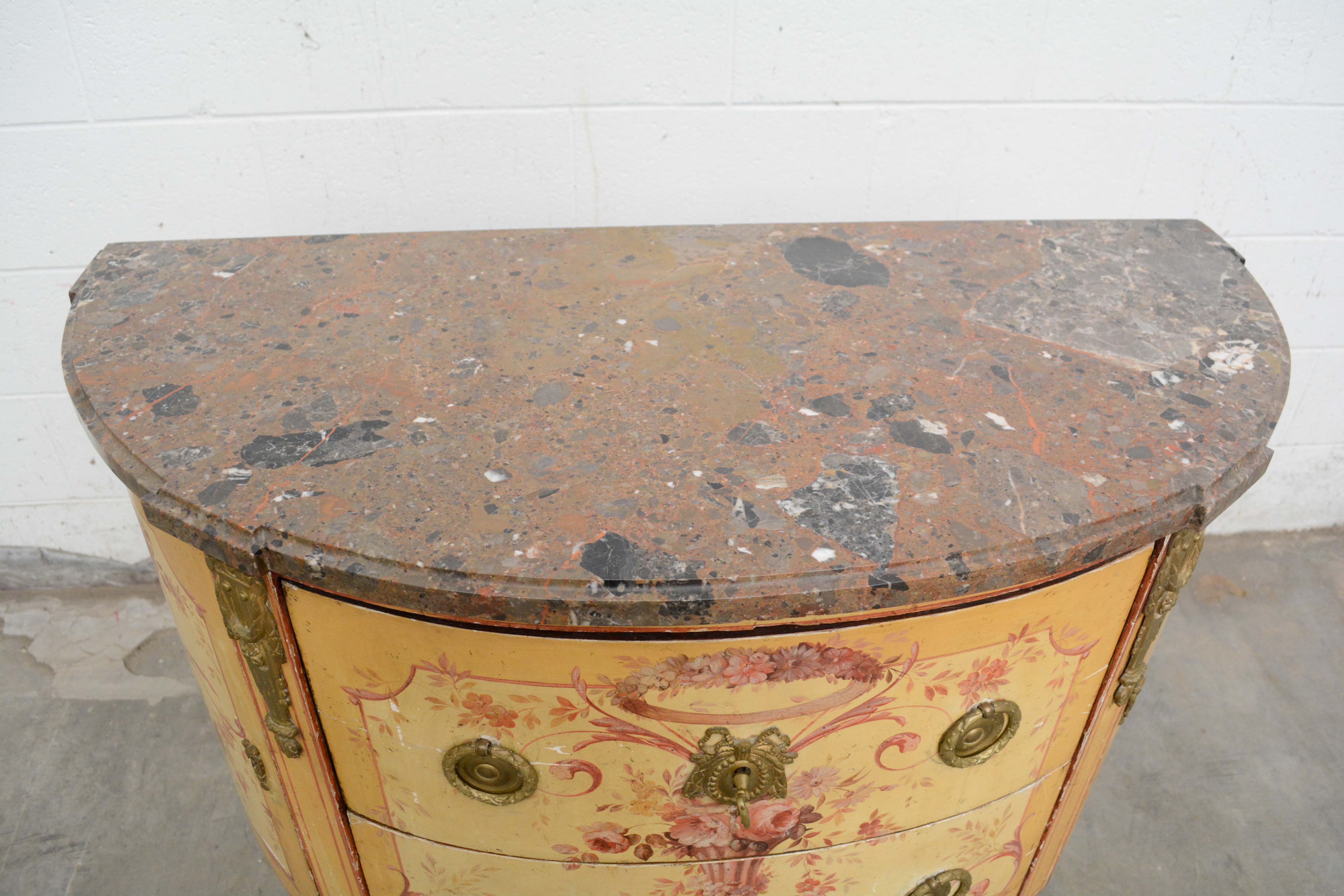 Louis XVI Style Painted Oak and Marble Top Demilune Commode, 20th Century