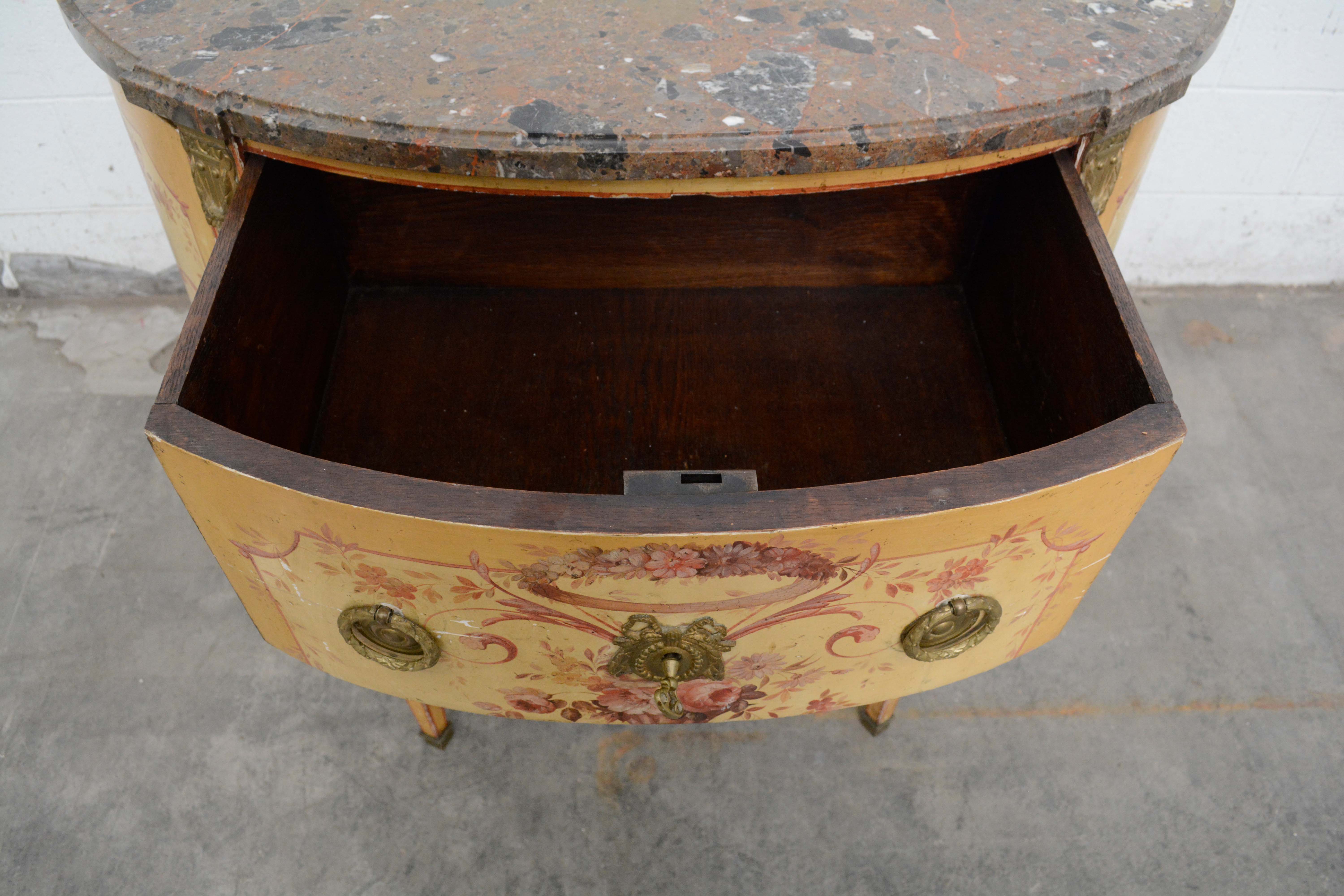 Louis XVI Style Painted Oak and Marble Top Demilune Commode, 20th Century