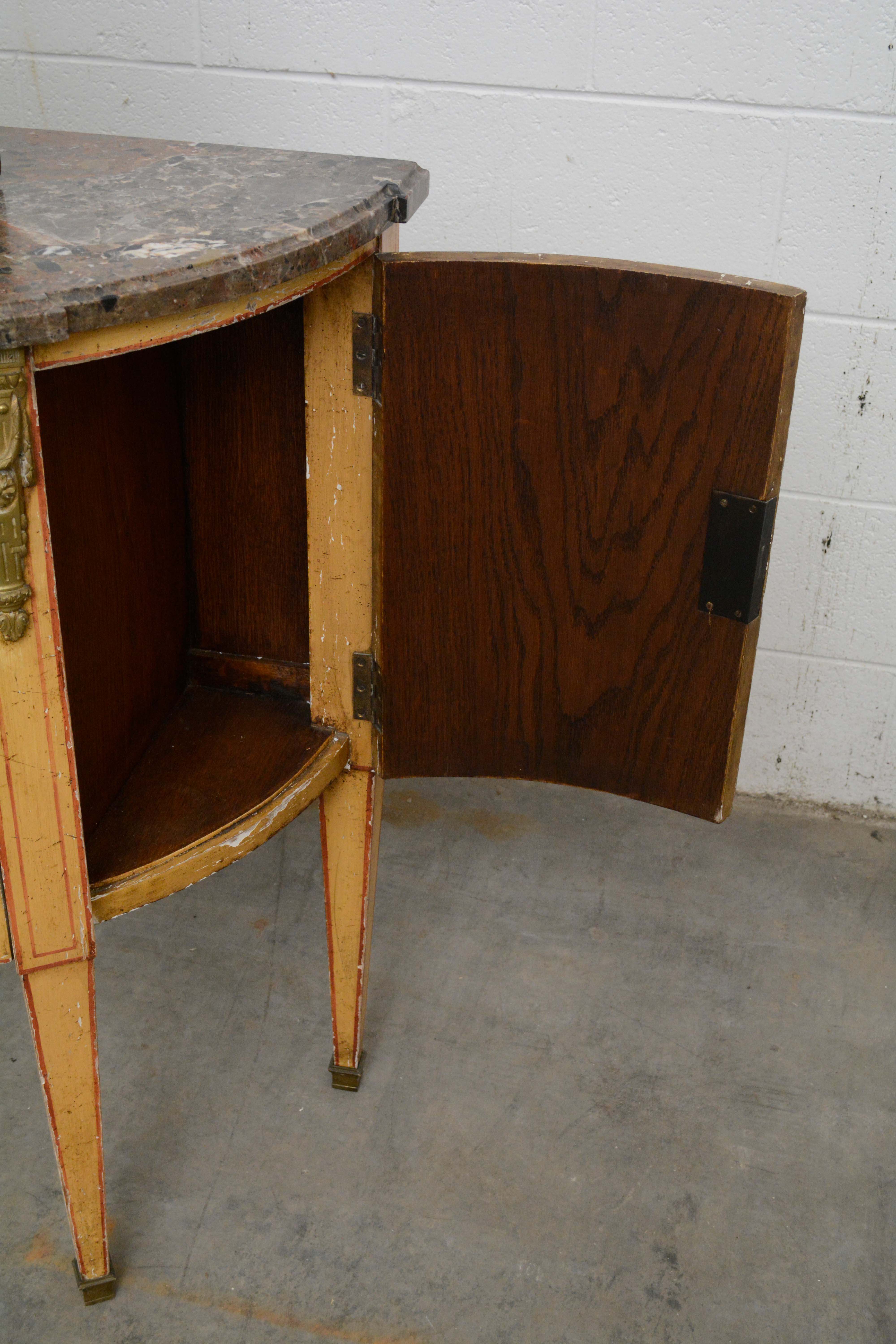 Louis XVI Style Painted Oak and Marble Top Demilune Commode, 20th Century