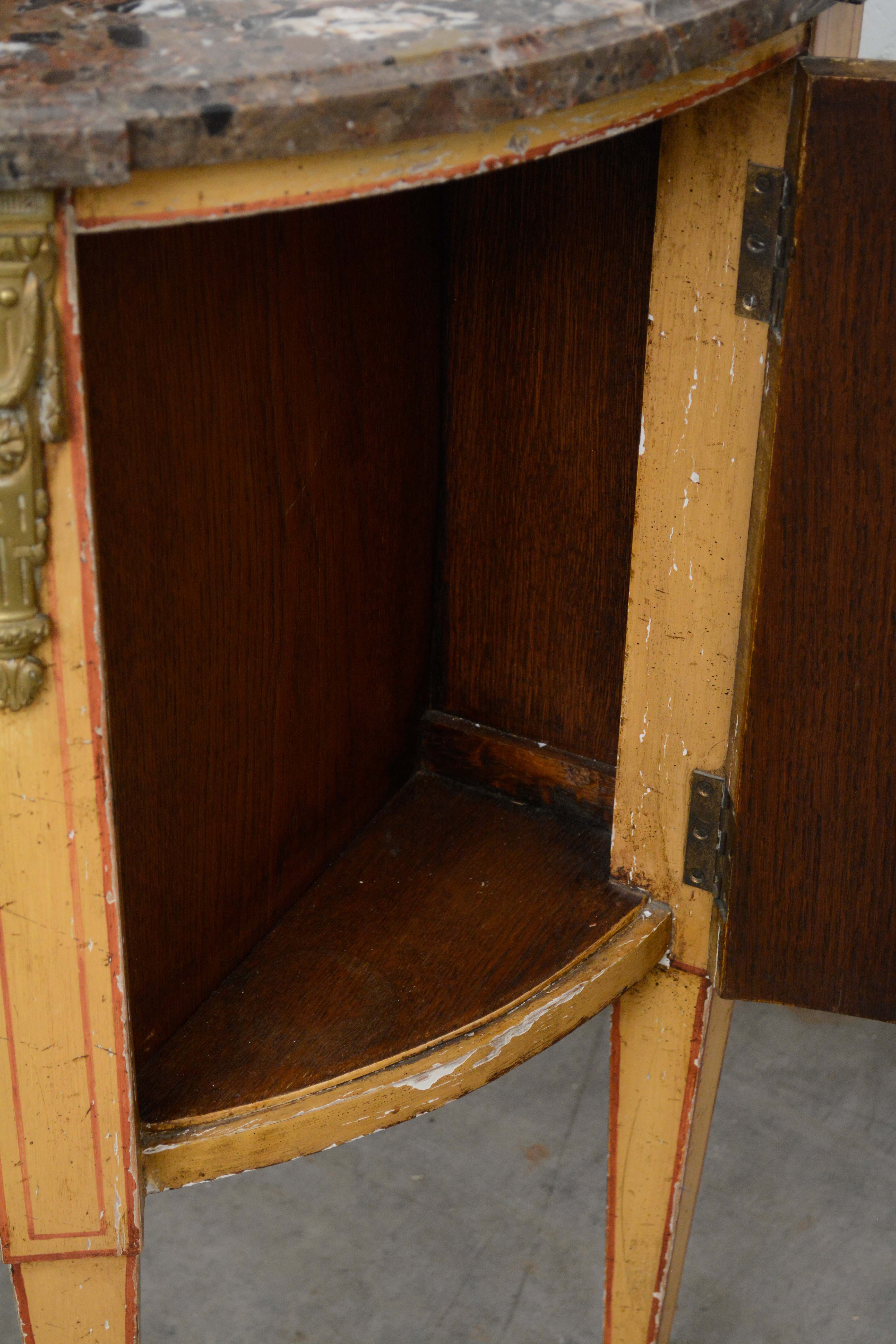 Louis XVI Style Painted Oak and Marble Top Demilune Commode, 20th Century