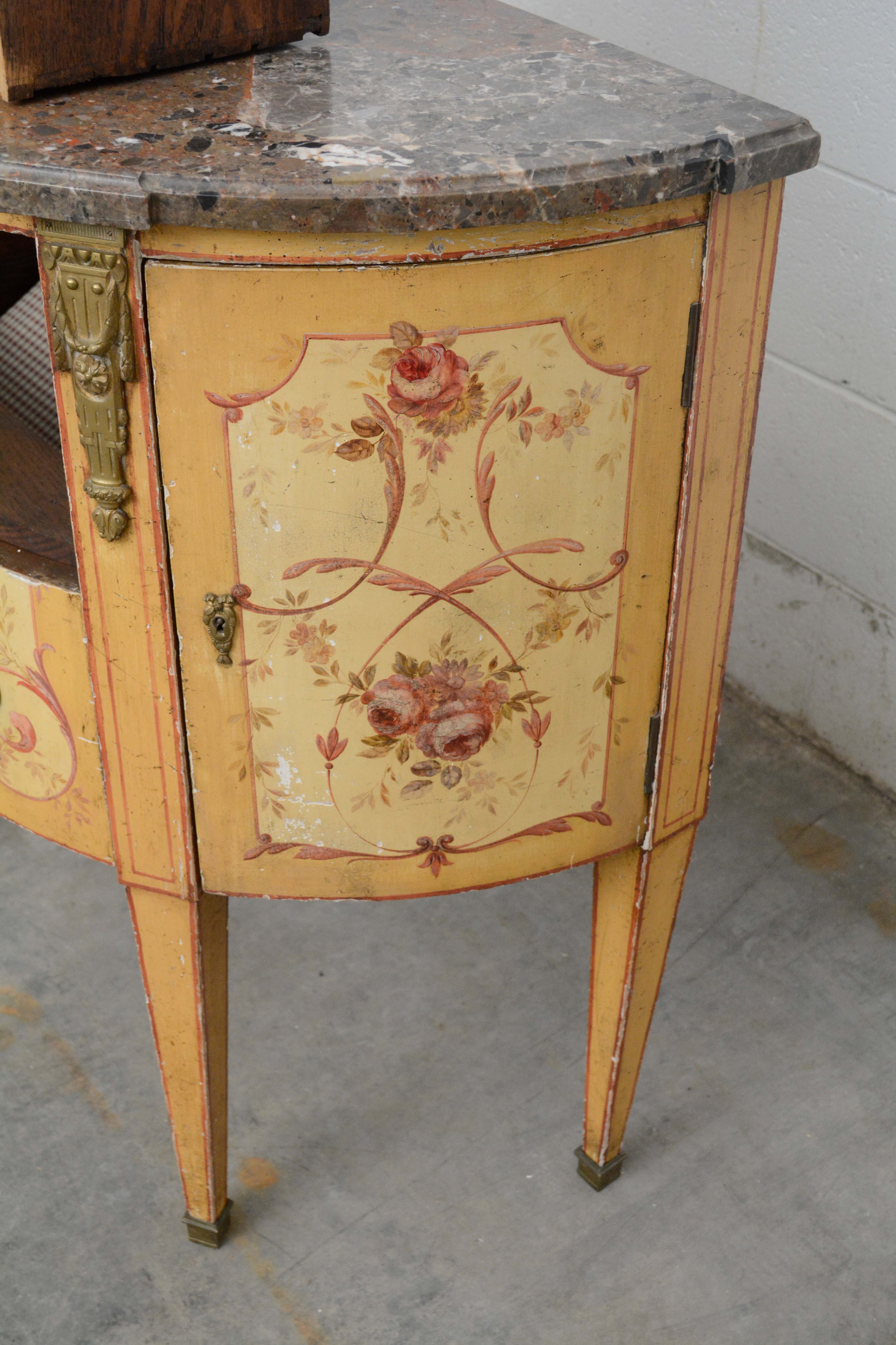 Louis XVI Style Painted Oak and Marble Top Demilune Commode, 20th Century