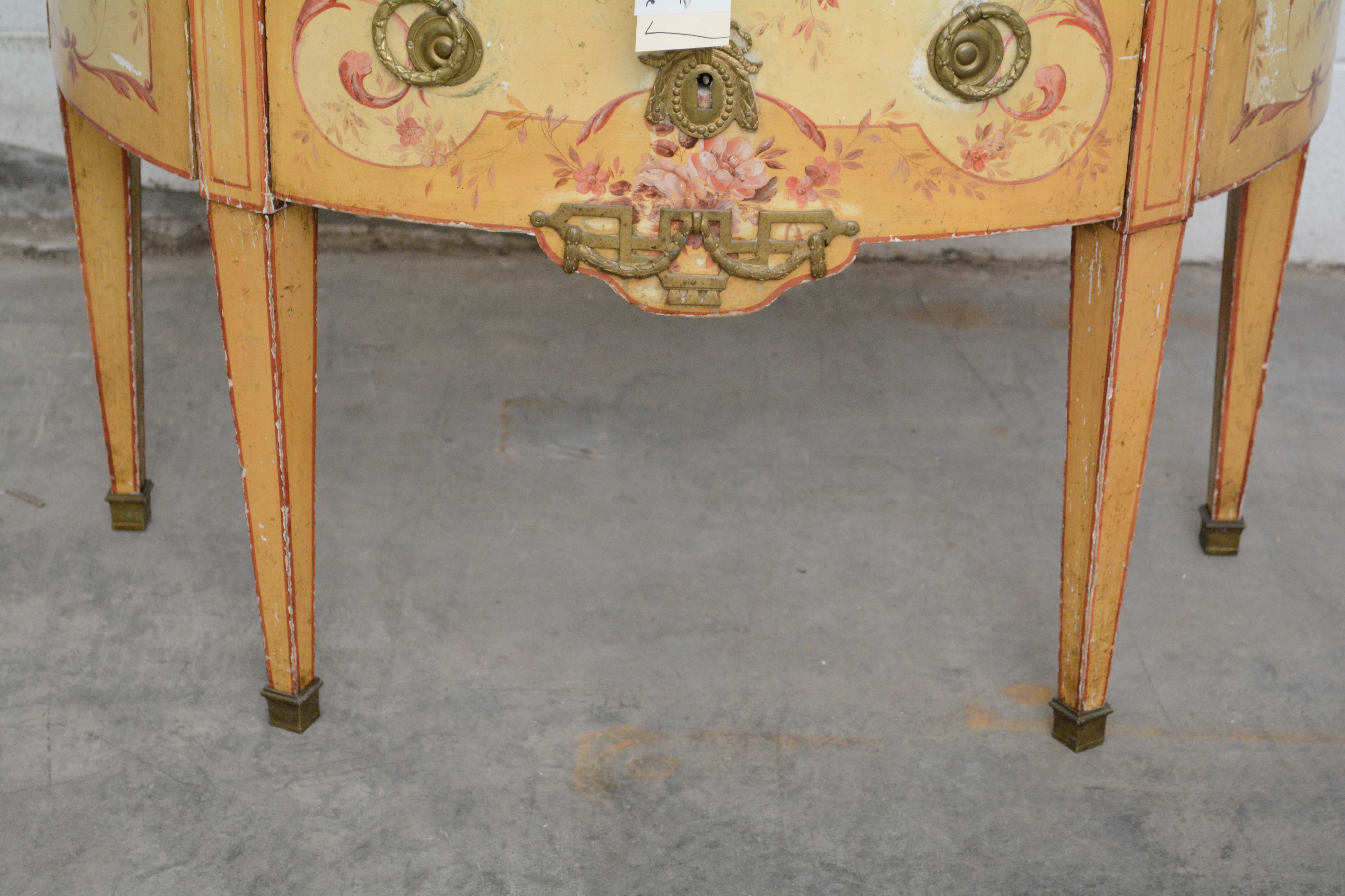 Louis XVI Style Painted Oak and Marble Top Demilune Commode, 20th Century