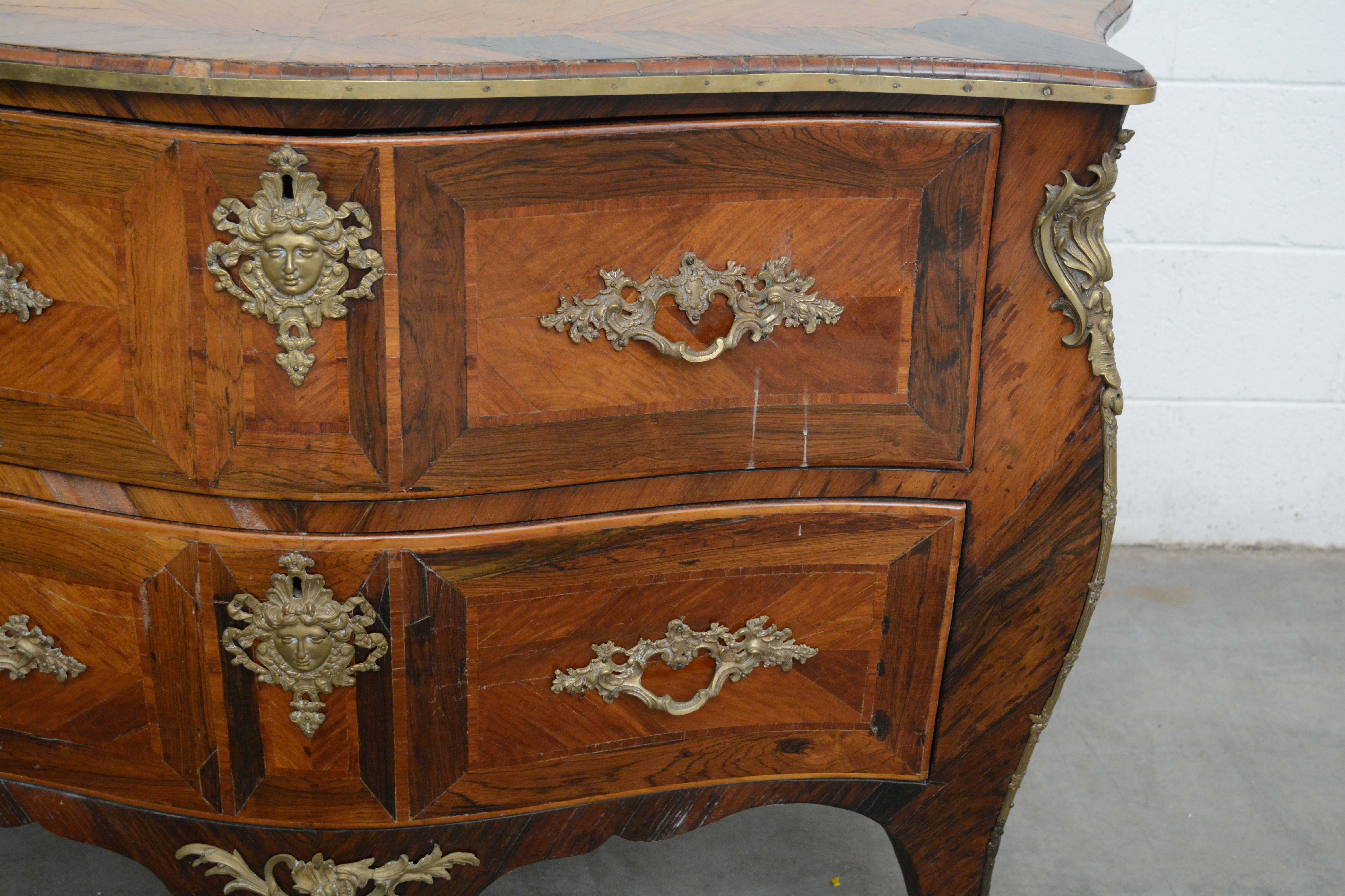 Louis XV Style Gilt-Metal Mounted Palisander and Kingwood Bombé Commode