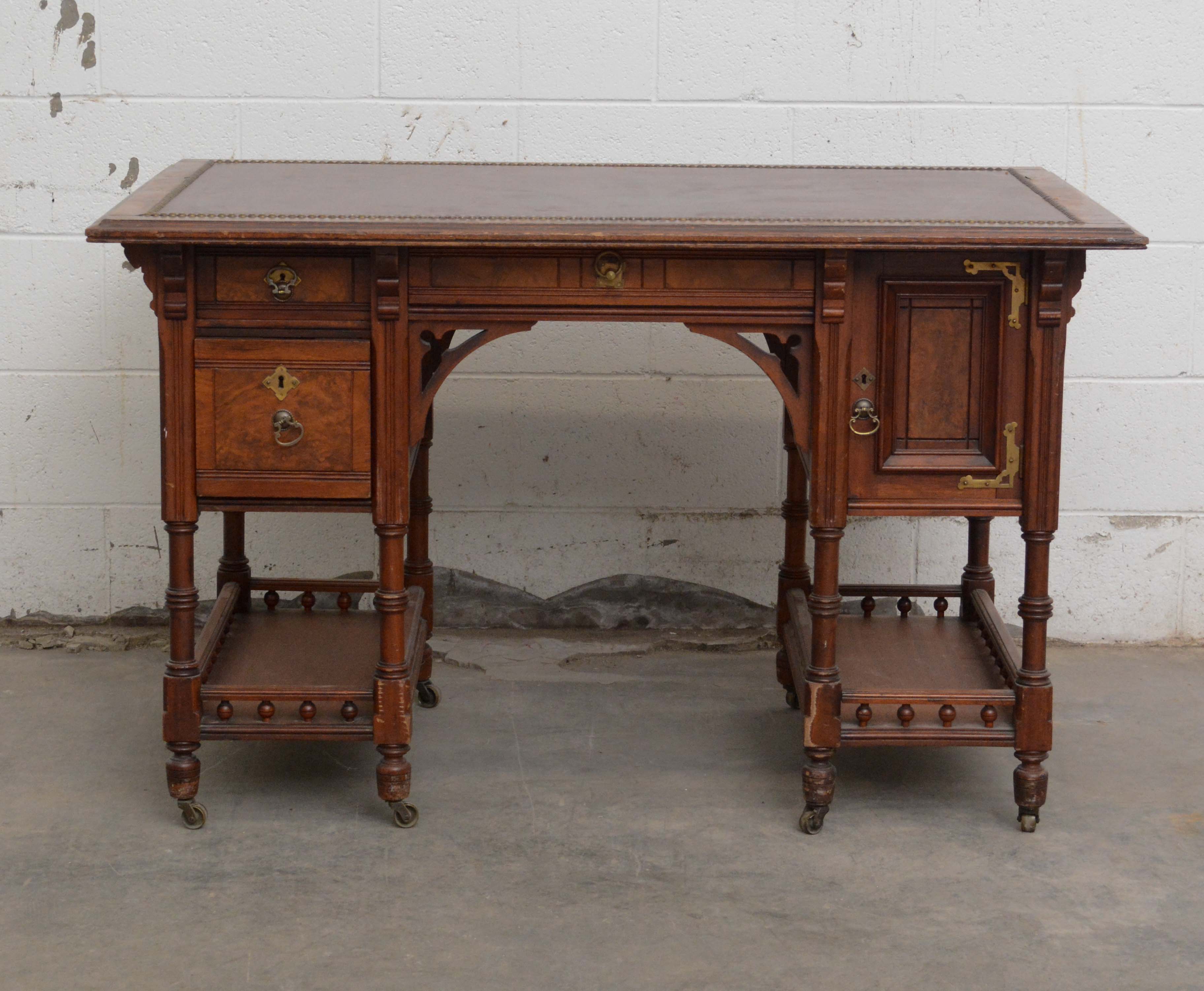 Victorian Walnut Kneehole Pedestal Desk, Late 19th Century