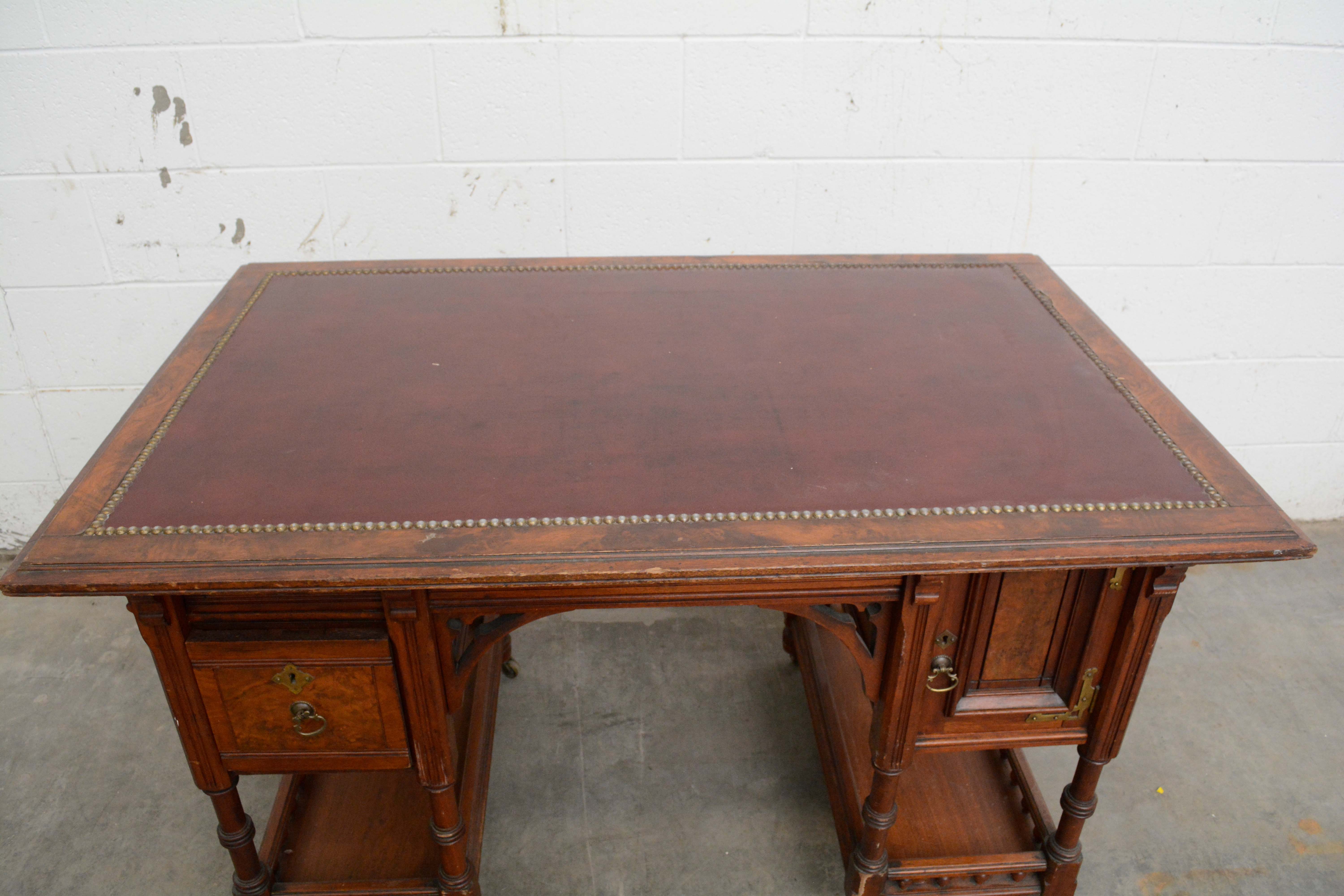 Victorian Walnut Kneehole Pedestal Desk, Late 19th Century