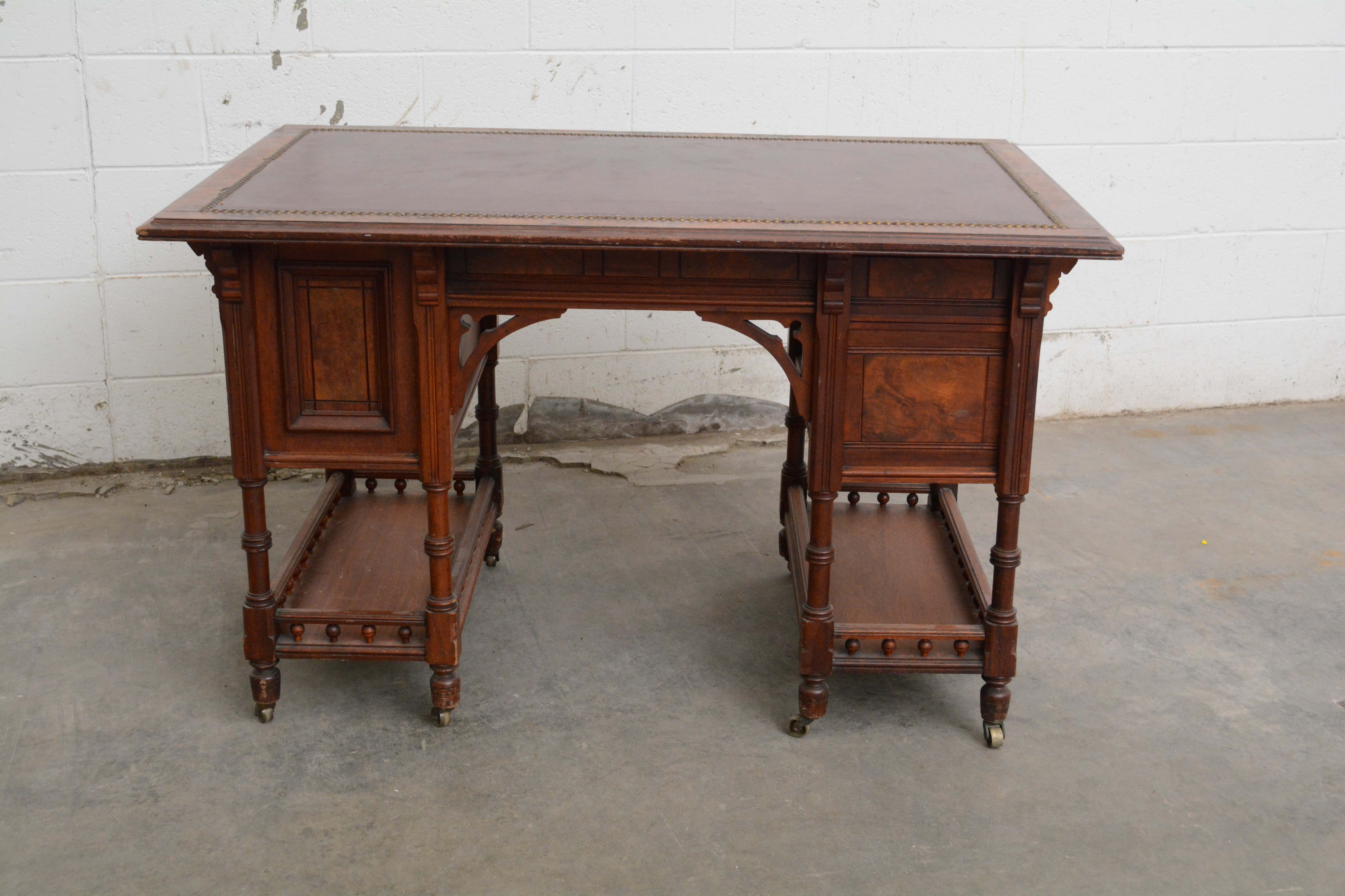 Victorian Walnut Kneehole Pedestal Desk, Late 19th Century