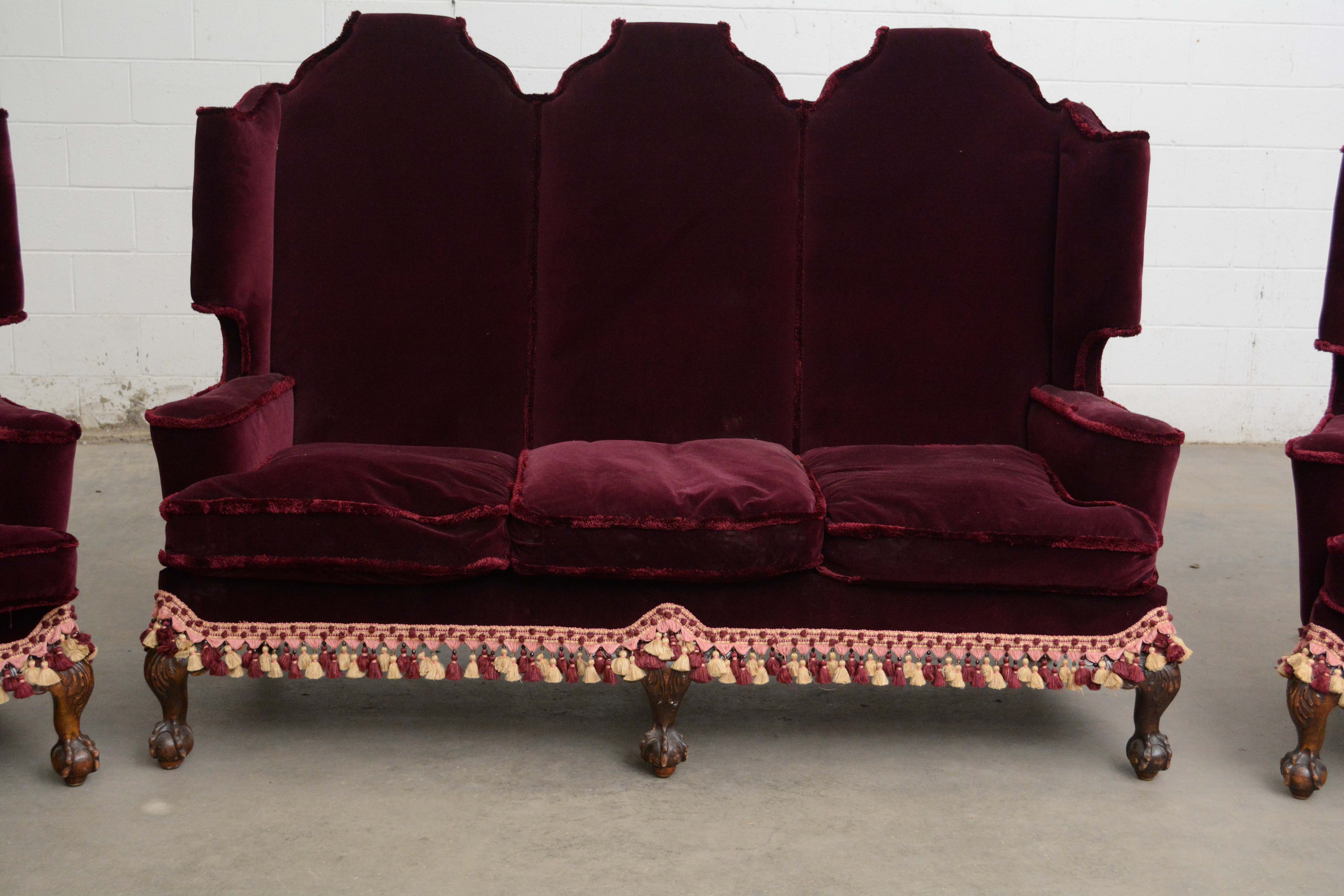 Renaissance Revival Style Upholstered Sofa and Armchairs, Early 20th Century