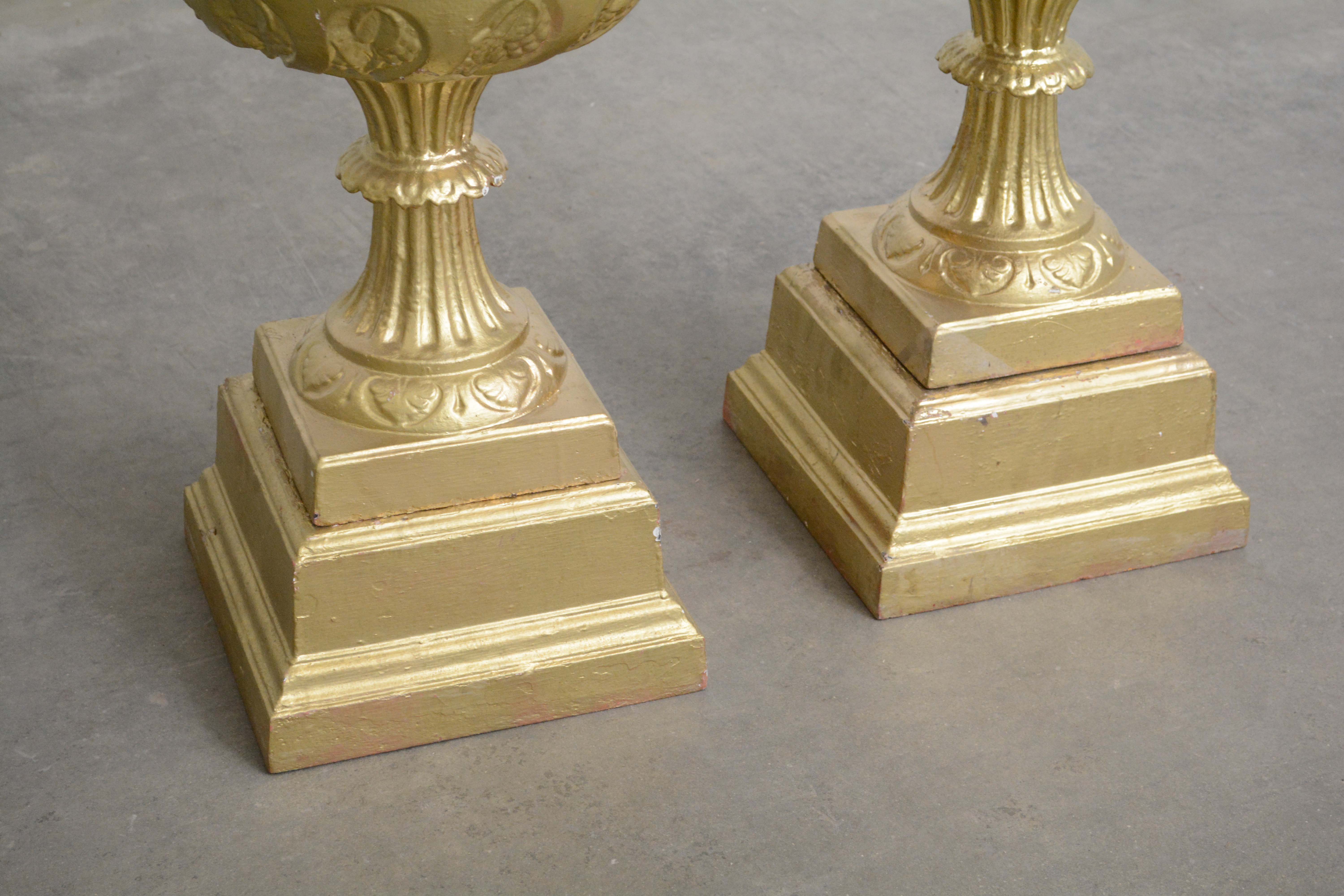 Neoclassical Style Urn Shaped Painted Iron Planters on Beveled Stands