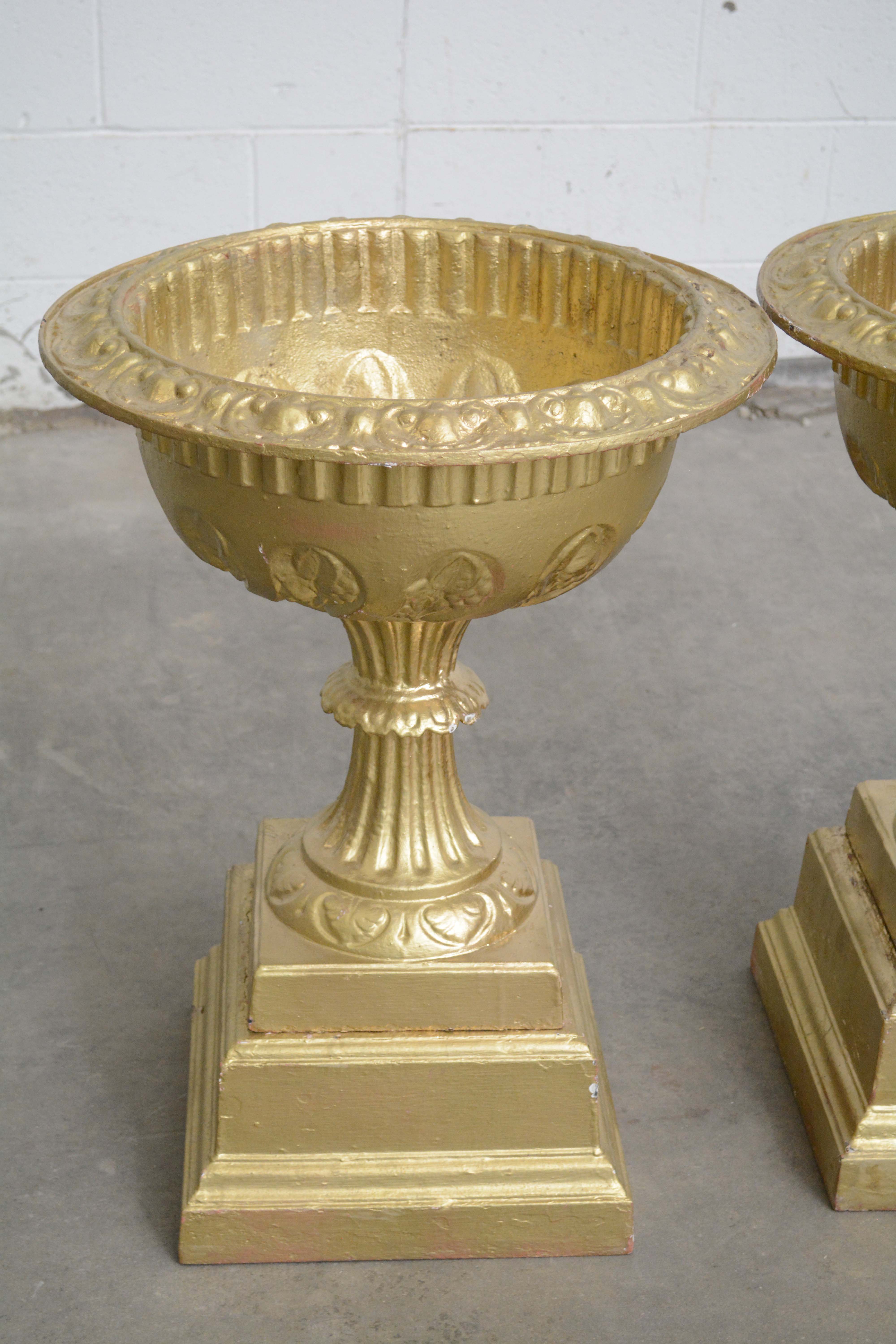 Neoclassical Style Urn Shaped Painted Iron Planters on Beveled Stands