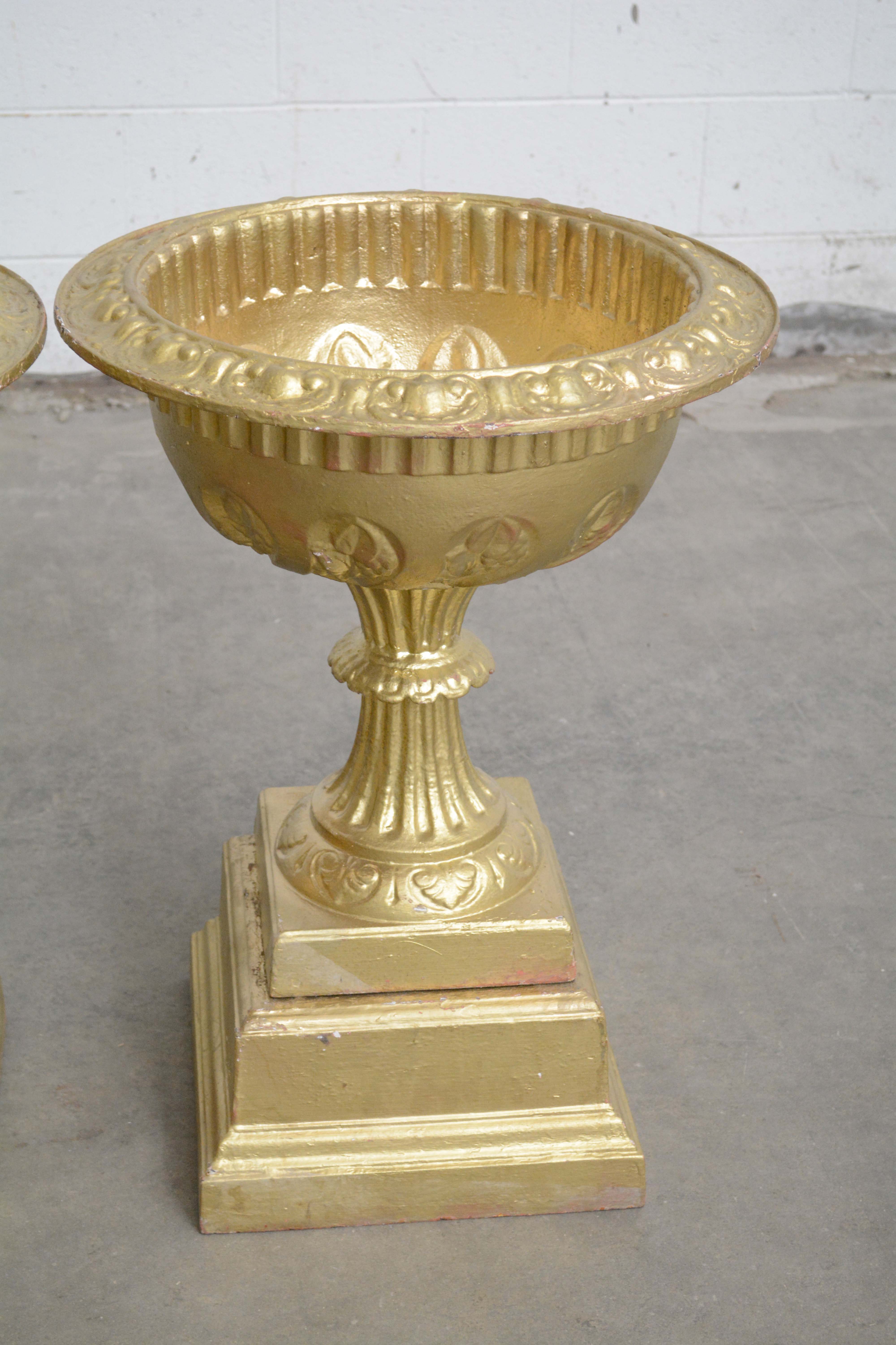 Neoclassical Style Urn Shaped Painted Iron Planters on Beveled Stands